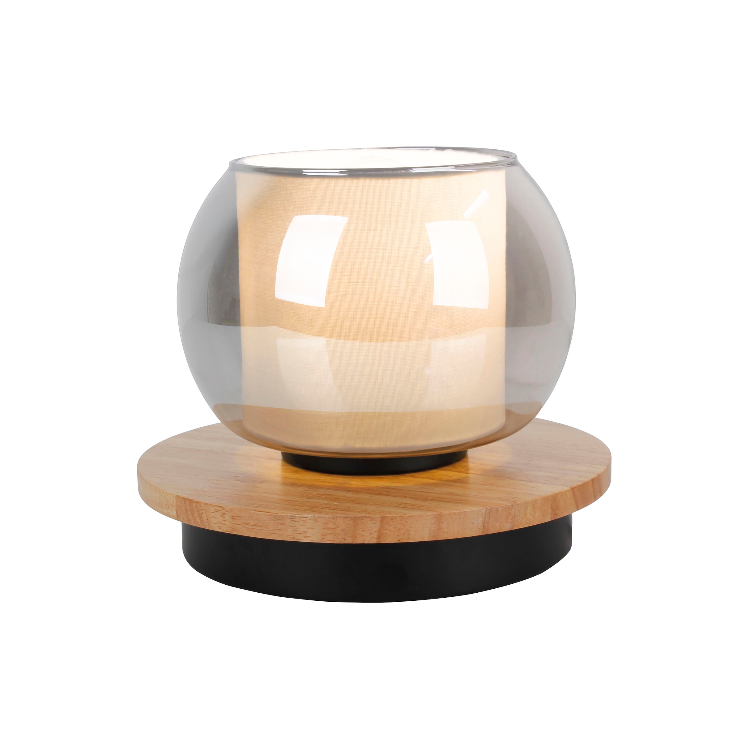 näve Tischleuchte »Texas« E27 1 Stk. Glasschirm smokey, naturfarbenes Holzdetail, 1x E27 exkl., D: 18cm