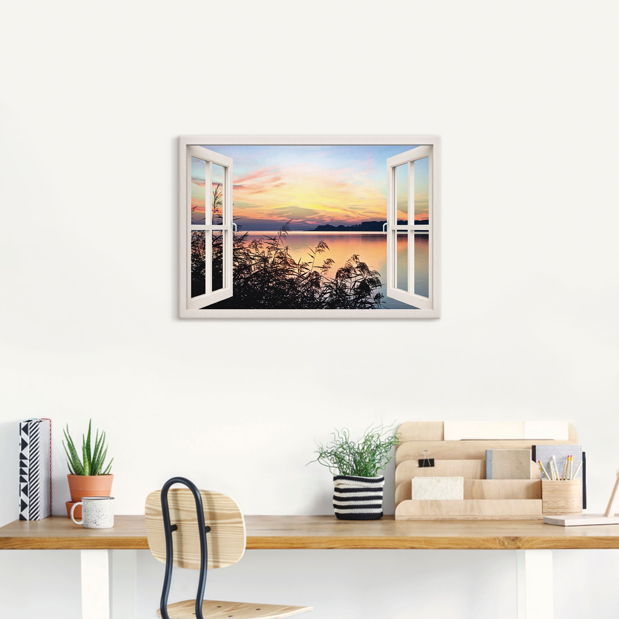 Artland Leinwandbild »Fensterblick - Abendrot im Schilf, weiß«, Fensterblick, (1 St.), auf Keilrahmen gespannt