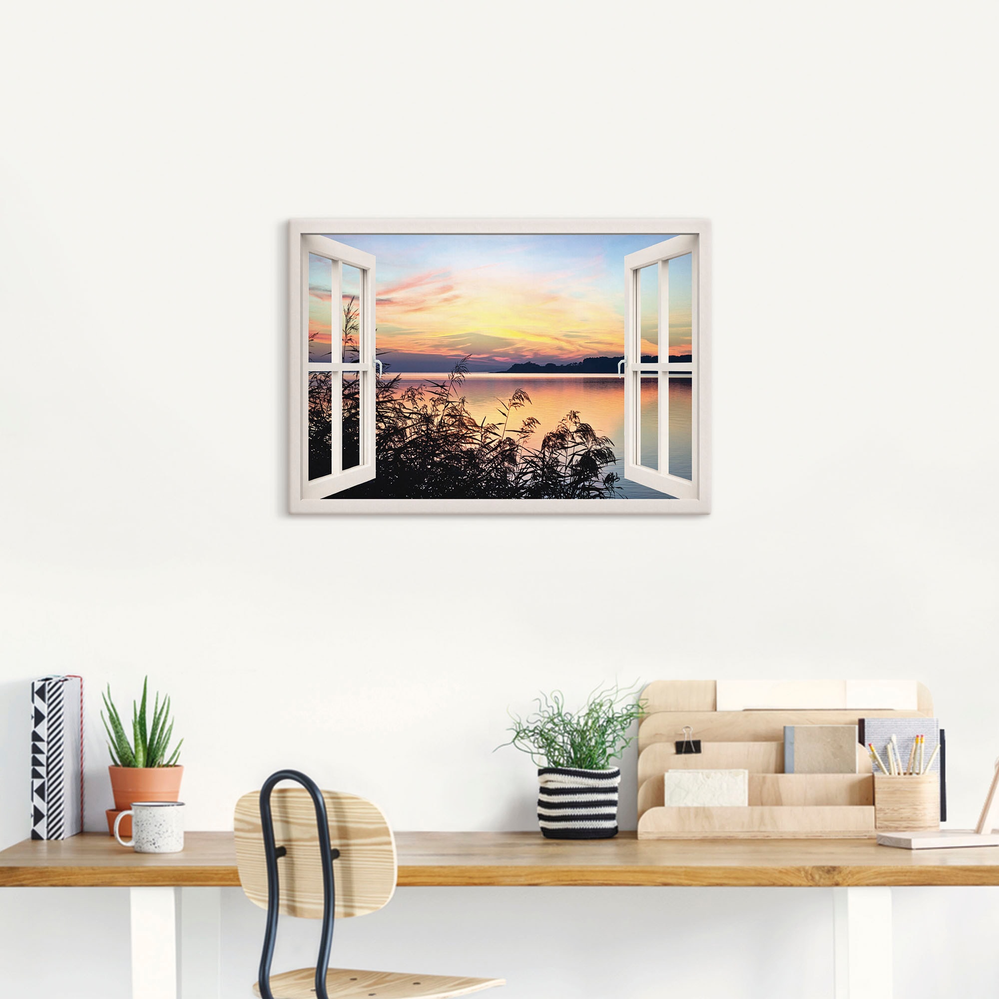 Artland Leinwandbild "Fensterblick - Abendrot im Schilf, weiß", Fensterblic günstig online kaufen