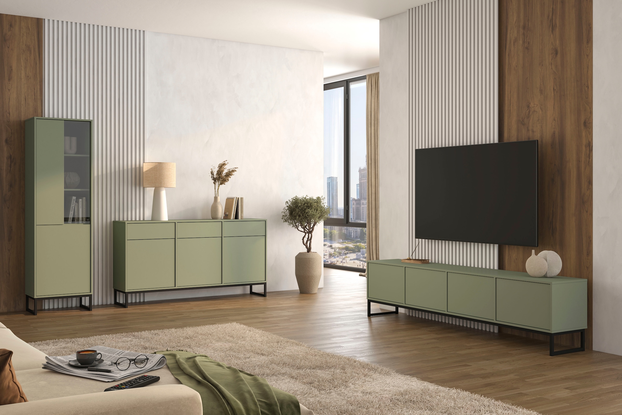 OTTO home Vitrine »Loft, Höhe 180 cm, moderne Standvitrine mit 2 Türen, Metallkufen« Hochschrank mit viel Stauraum, Glastür und verstellbaren Einlegeböden