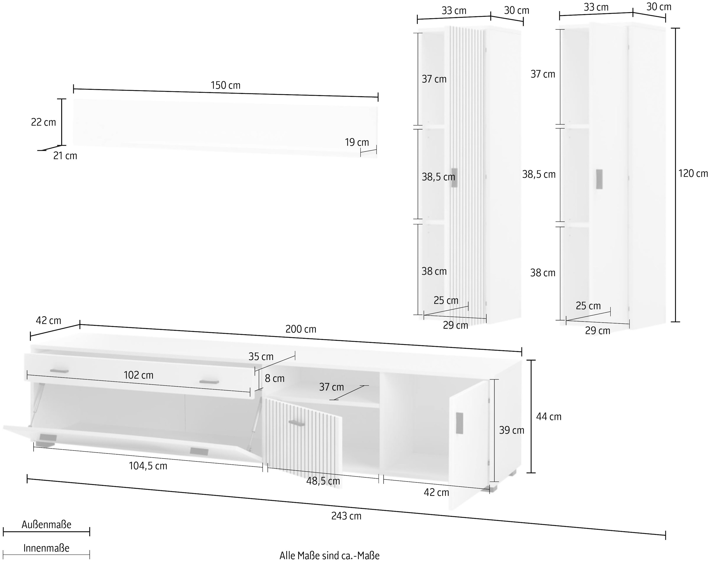 INOSIGN Wohnwand »HUDSON«, (Set, 4 St.), mit moderner Rillenoptik, Griffe aus Metall (Schwarz), Breite 243 cm