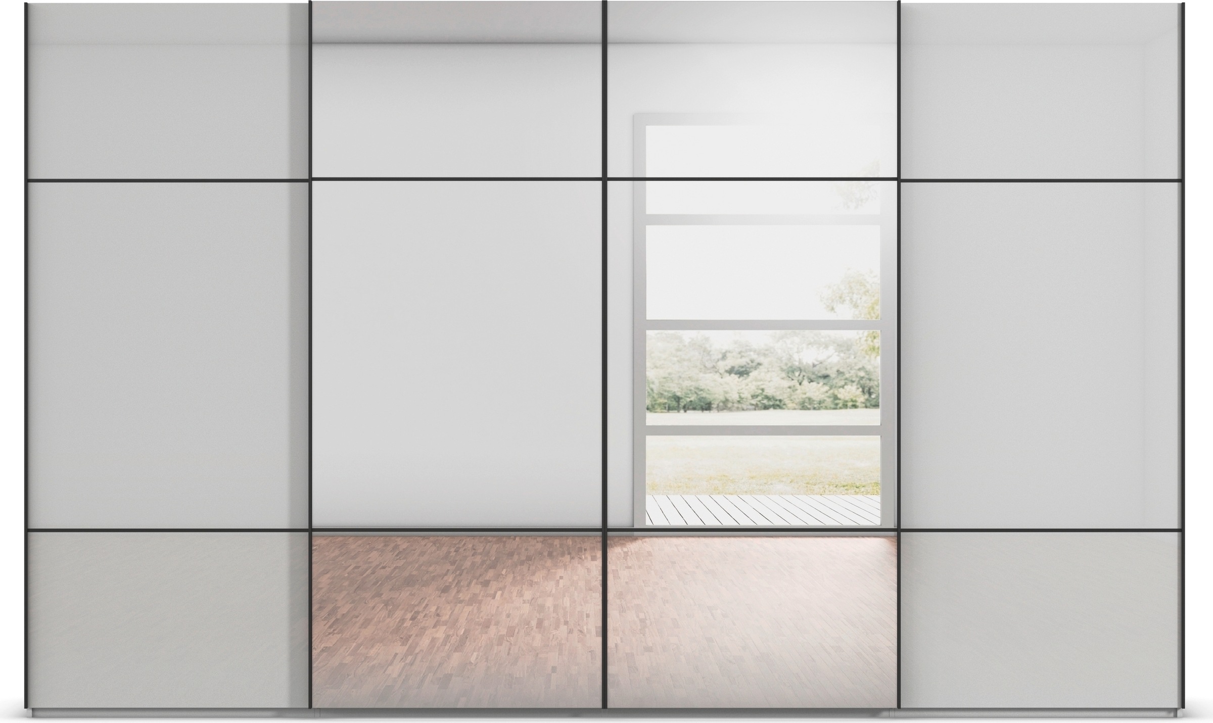 rauch Schwebetürenschrank »Kleiderschrank Schrank Garderobe Schlafzimmerschrank SCALE-TRIO«, edle dreigeteilte Front mit 2 Zierleisten Spiegel/Glas MADE IN GERMANY