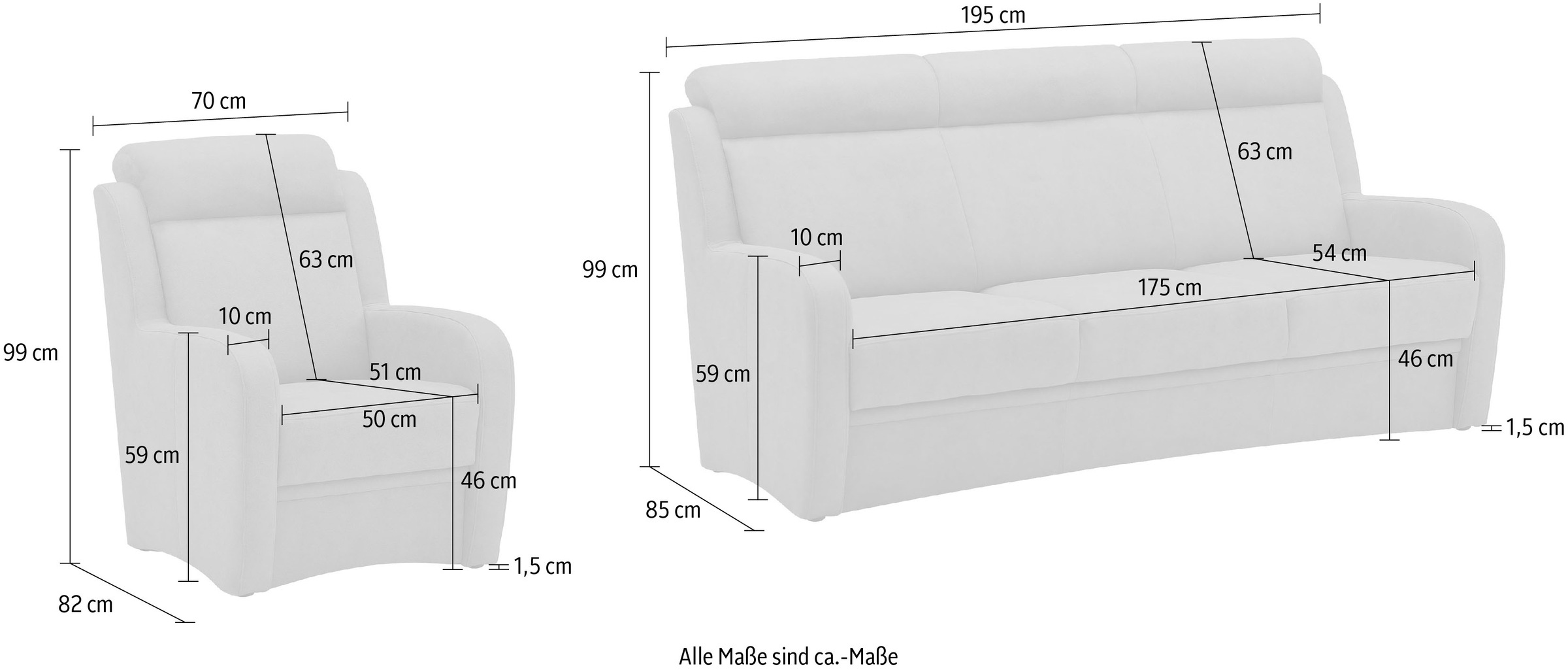 VILLA BECK Polstergarnitur »Varese«, (3 tlg.), Kopfteilverstellung, Set aus 3-Sitzer und 2x Sessel, in Sitzhöhe 46