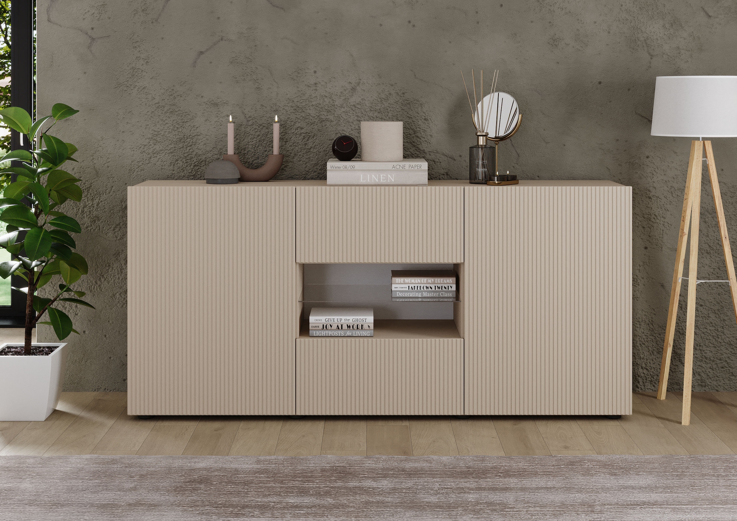 INOSIGN Sideboard »Rio Breite 181 cm, Kommode mit 2 Türen u. 2 Schubkästen,«, Anrichte, geriffelte Front, modern u. elegant, viel Stauraum