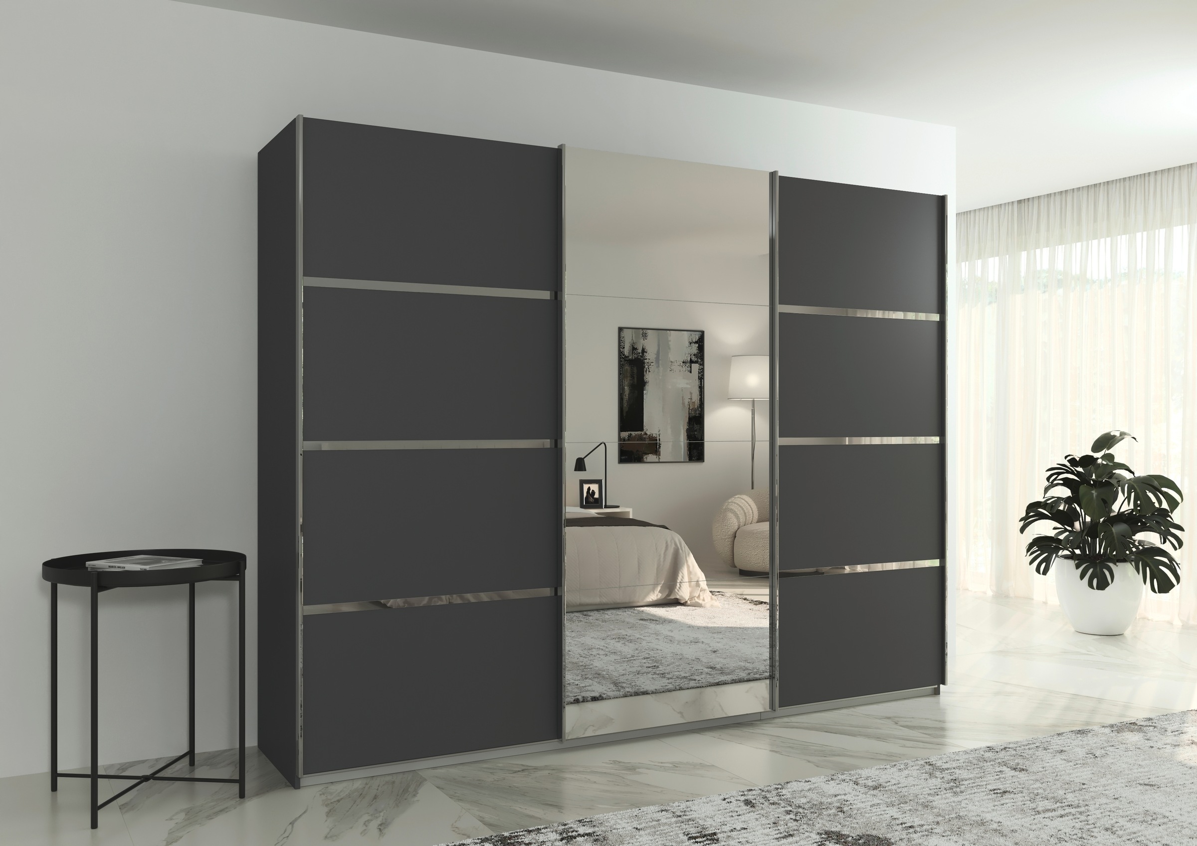 rauch Kleiderschrank »Schwebetürenschrank OTTO´s Choice Garderobe Schrank TOP ANGEBOT Avola«, (in 3 verschiedenen Ausstattungen BASIC/CLASSIC/PREMIUM inkl. Spiegel), mit eleganten Zierleisten in Chrom, Schwarz oder Weiß MADE IN GERMANY