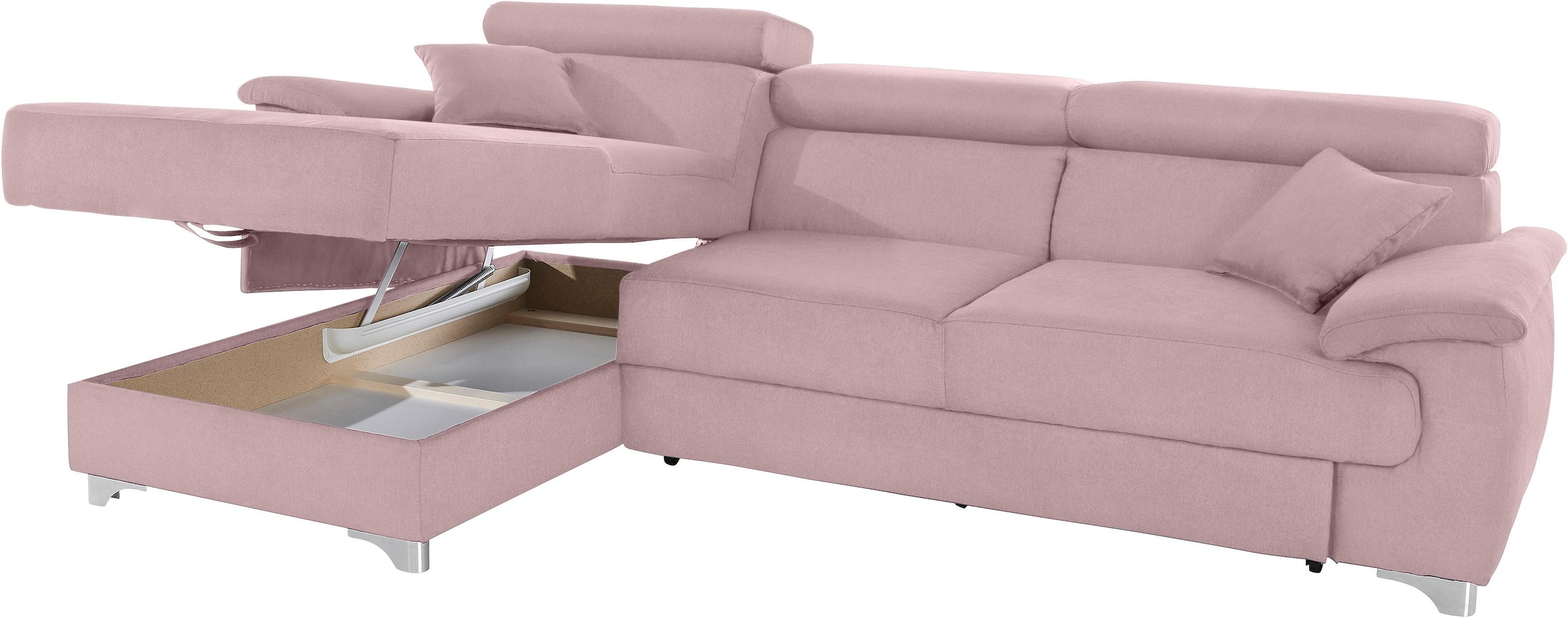 DOMO collection Ecksofa »Mira, inklusive Kopfteilverstellung für mehr Wohlfühlkomfort, L-Form«, wahlweise mit Bettfunktion und Bettkasten, elegant und modern