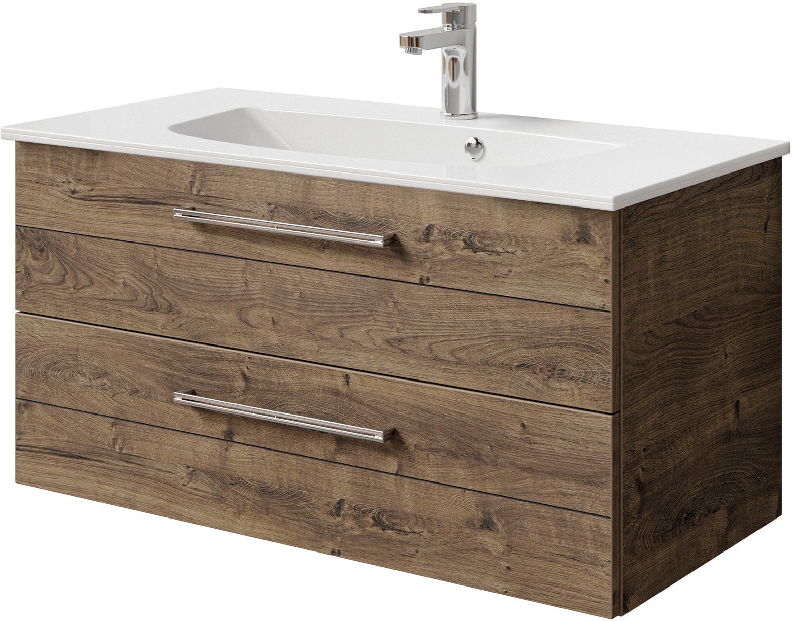 Saphir Badmöbel-Set »Serie 6025 2-teilig Mineralmarmor-Waschtisch mit LED-Spiegelschrank«, (2 St.), Waschplatz 97 cm breit, 2 Schubladen, 3 Spiegel-Türen, inkl Türdämpfer
