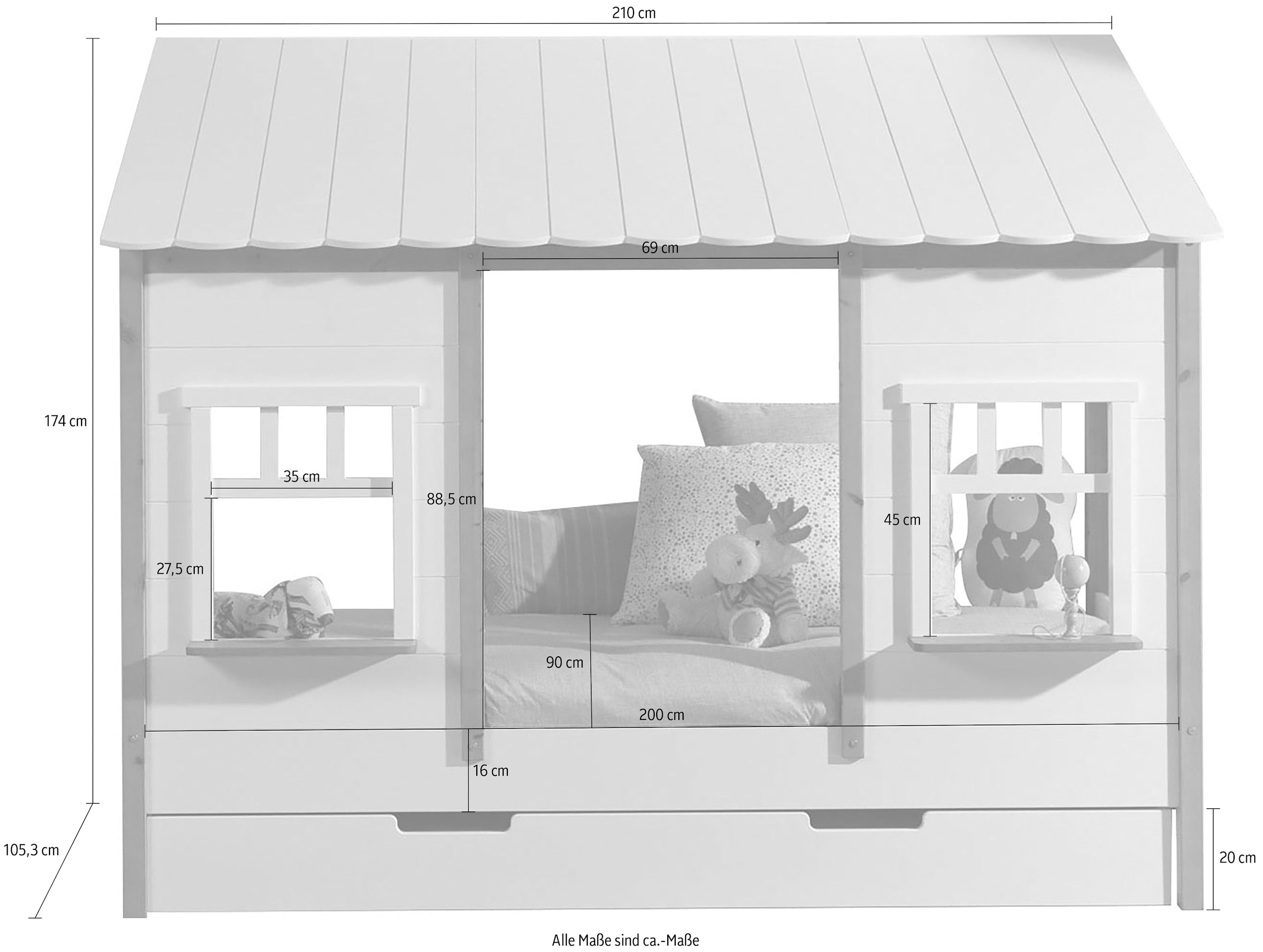 Vipack Kinderbett, (Made in Europe), Hausbett mit Lattenrost, wahlweise Bettschublade