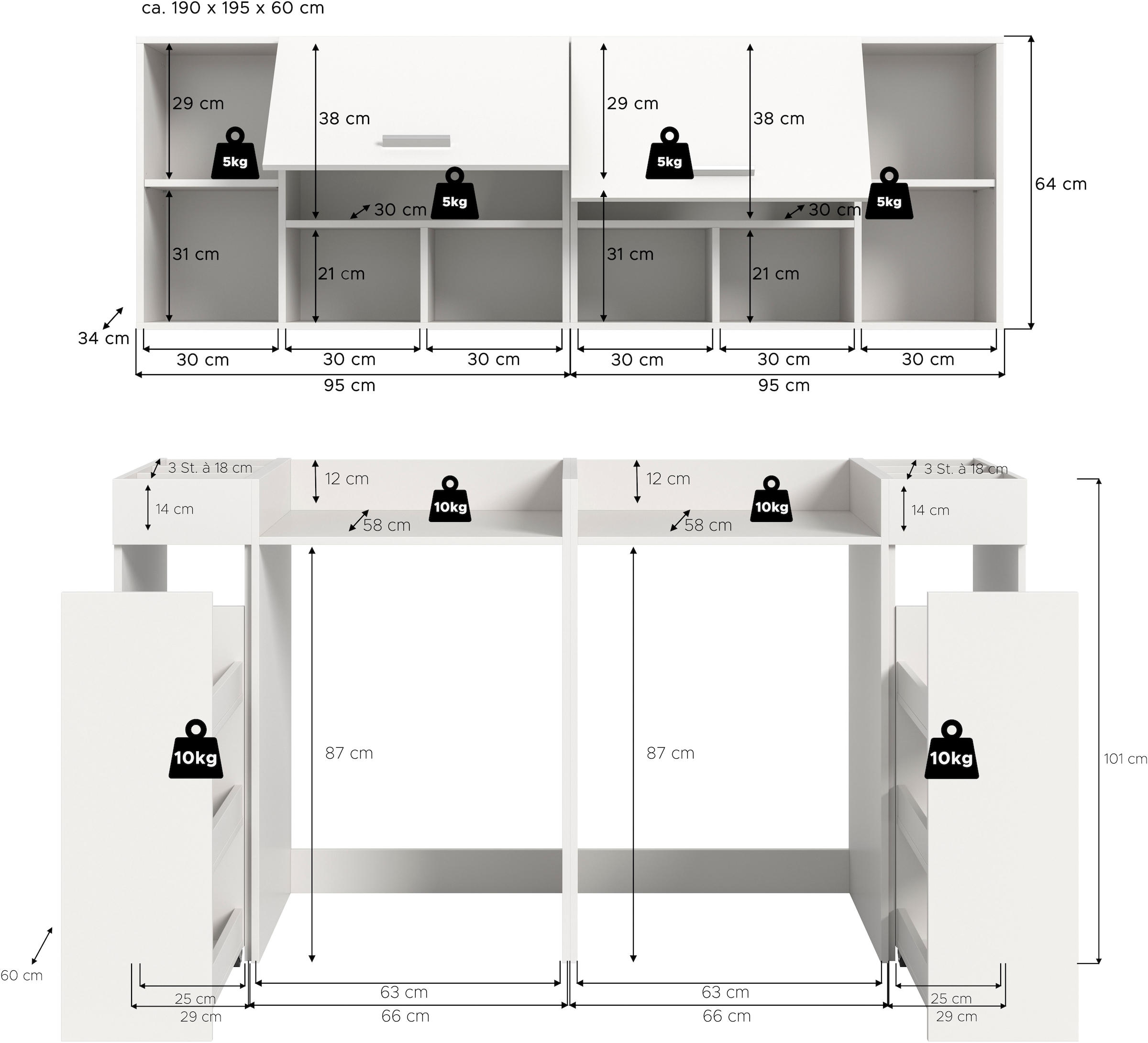 welltime Badmöbel-Set »FALAS, TOPSELLER!, 6-teilig, Hauswirtschaftsraum Set, Breite 190 cm«, (Set, 6 St., 2x Waschmaschinenumbauschrank, 2x Standregal & 2x Hängeschrank), Kombination, Waschmaschinenumbau, Waschmaschinenschrank, Wäschekammer