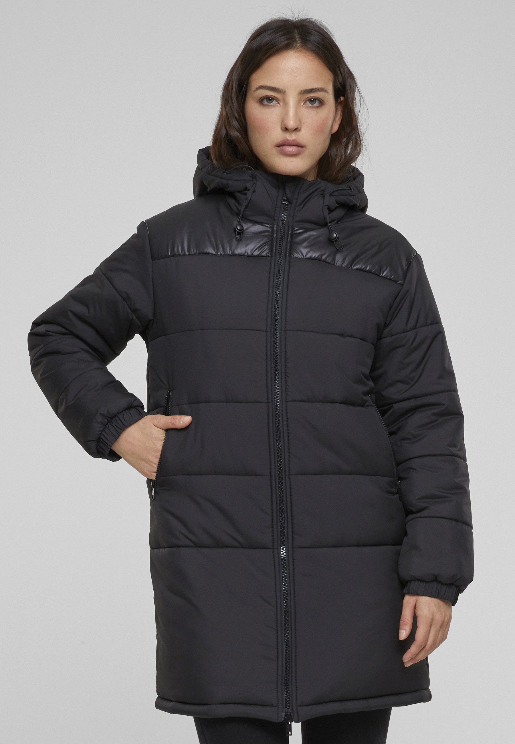 URBAN CLASSICS Winterjacke »Urban Classics Damen Ladies Hooded Mixed Puffer Coat« 1 Stk. tlg. ohne Kapuze