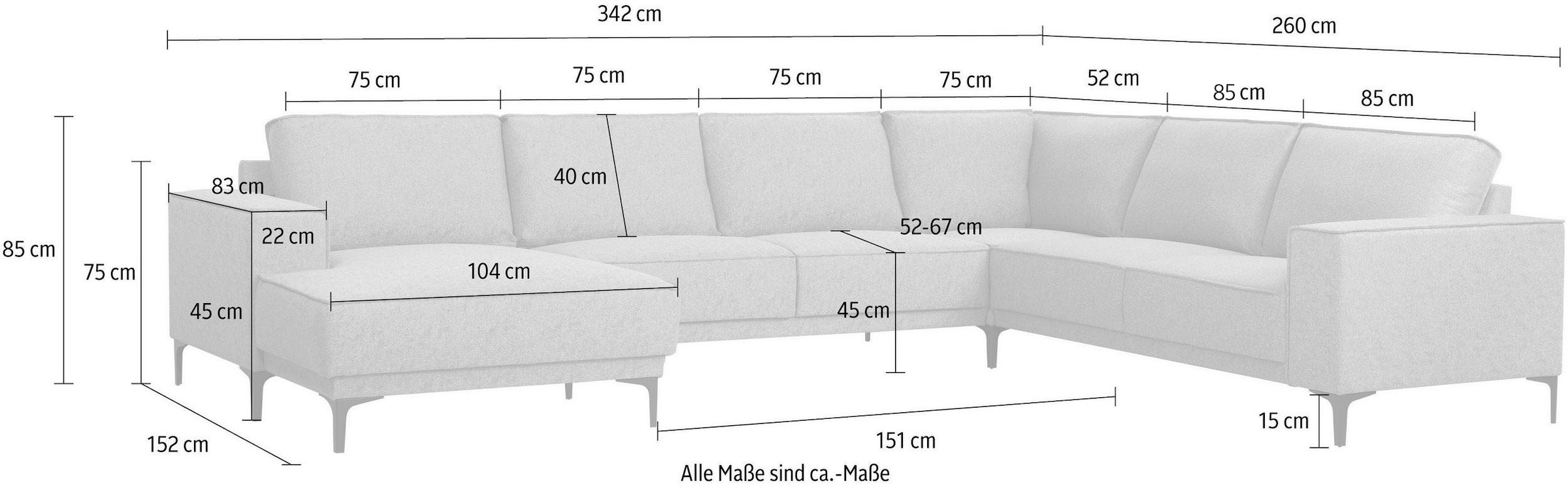Places of Style Wohnlandschaft »XXL Sofa Oland, Struktur, Flachgewebe, Luxus-Microfaser, Boucle«, U-Form, 342 cm, Wellenunterfederung, Skandi-Design, Metallfüße