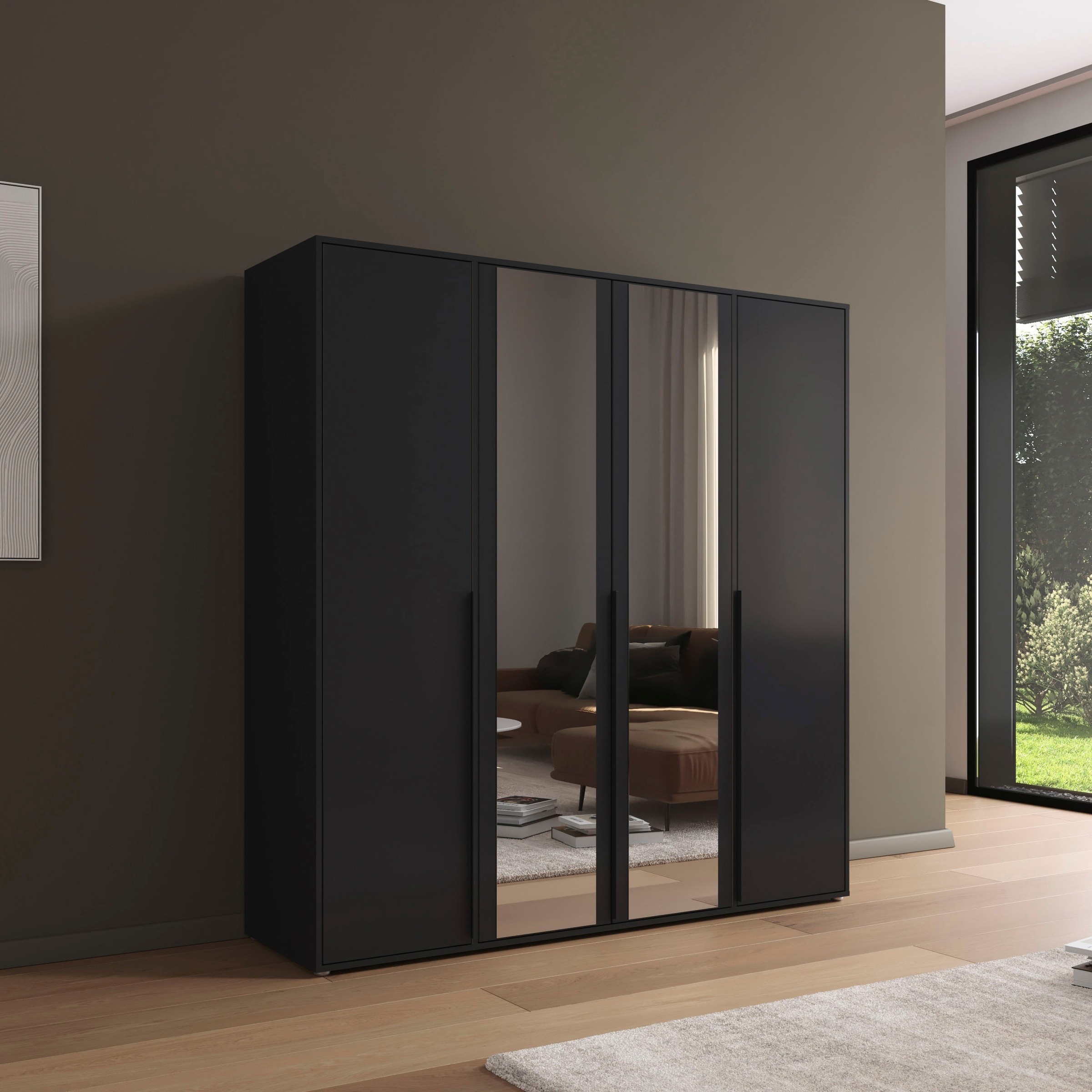 rauch Drehtürenschrank »Kleiderschrank Schrank Garderobe Wäscheschrank NAGATA mit Spiegel«, (in 3 verschiedenen Ausstattungen BASIC/CLASSIC/PREMIUM), und modernen Stangengriffen in Graumetallic TOPSELLER MADE IN GERMANY