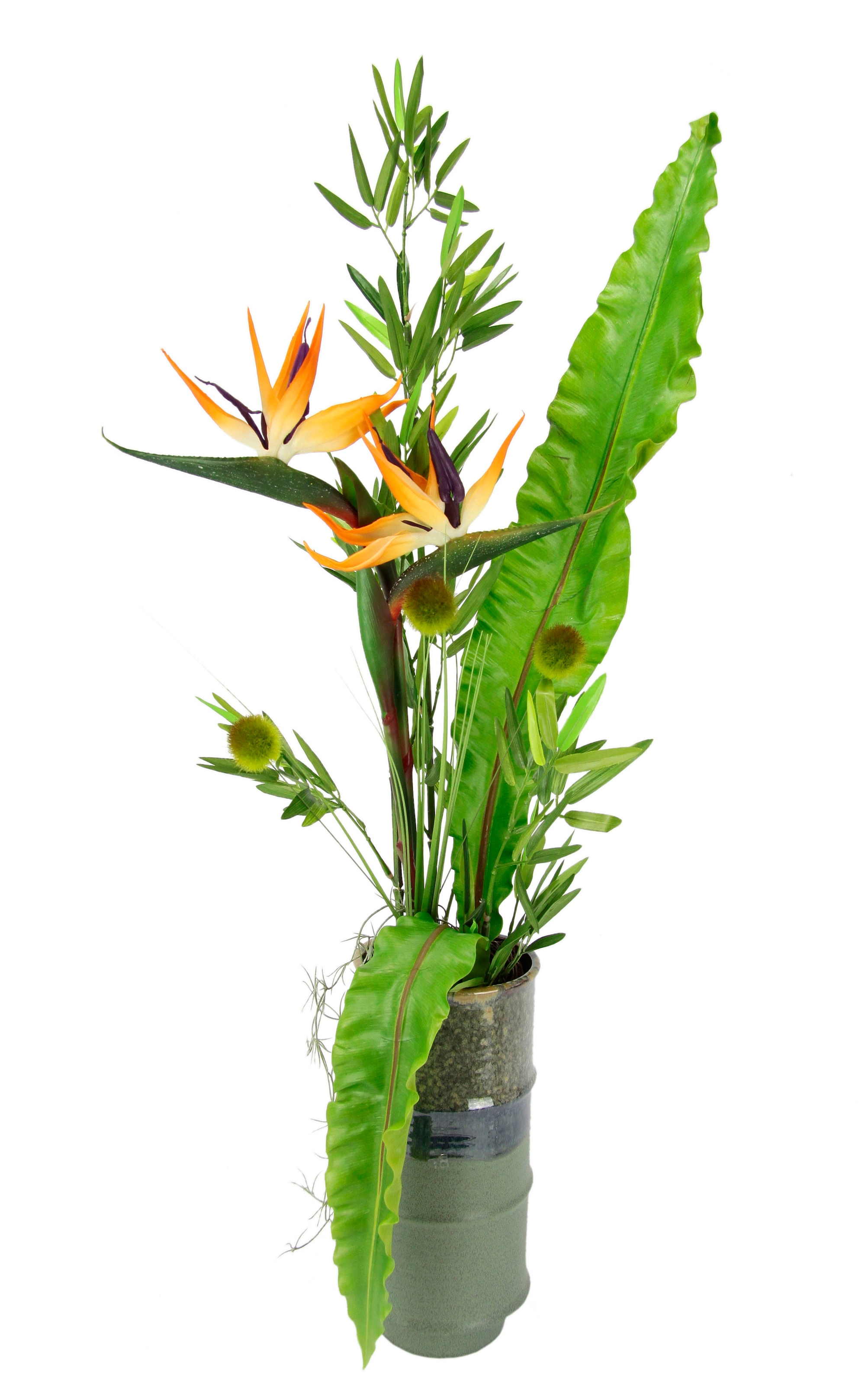 I.GE.A. Kunstblume »Strelitzie«, In Vase aus Keramik mit Bambus Dekoblätter und Gras