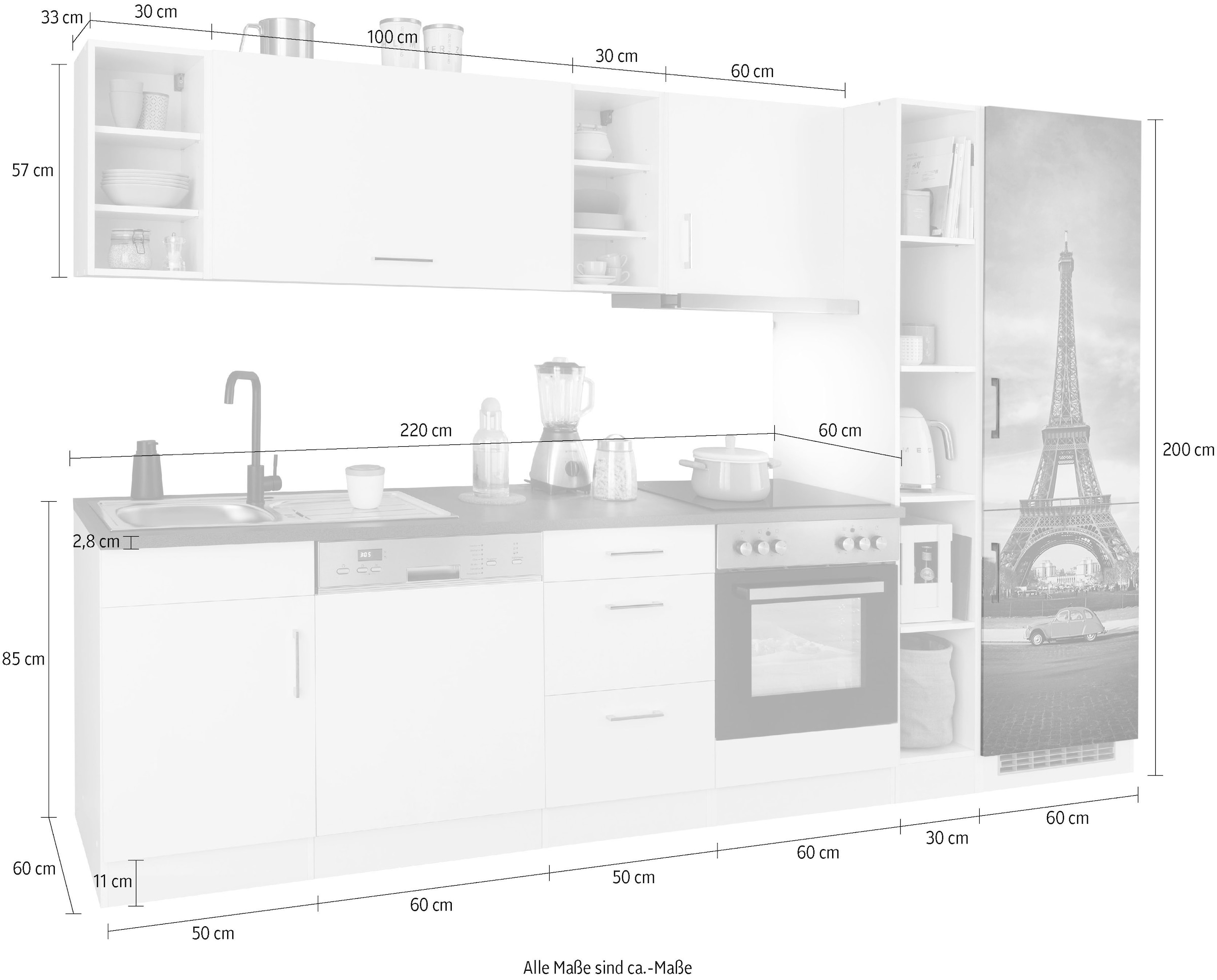 HELD MÖBEL Küchenzeile »Paris«, mit E-Geräten, Breite 310 cm, mit großer Kühl-Gefrierkombination