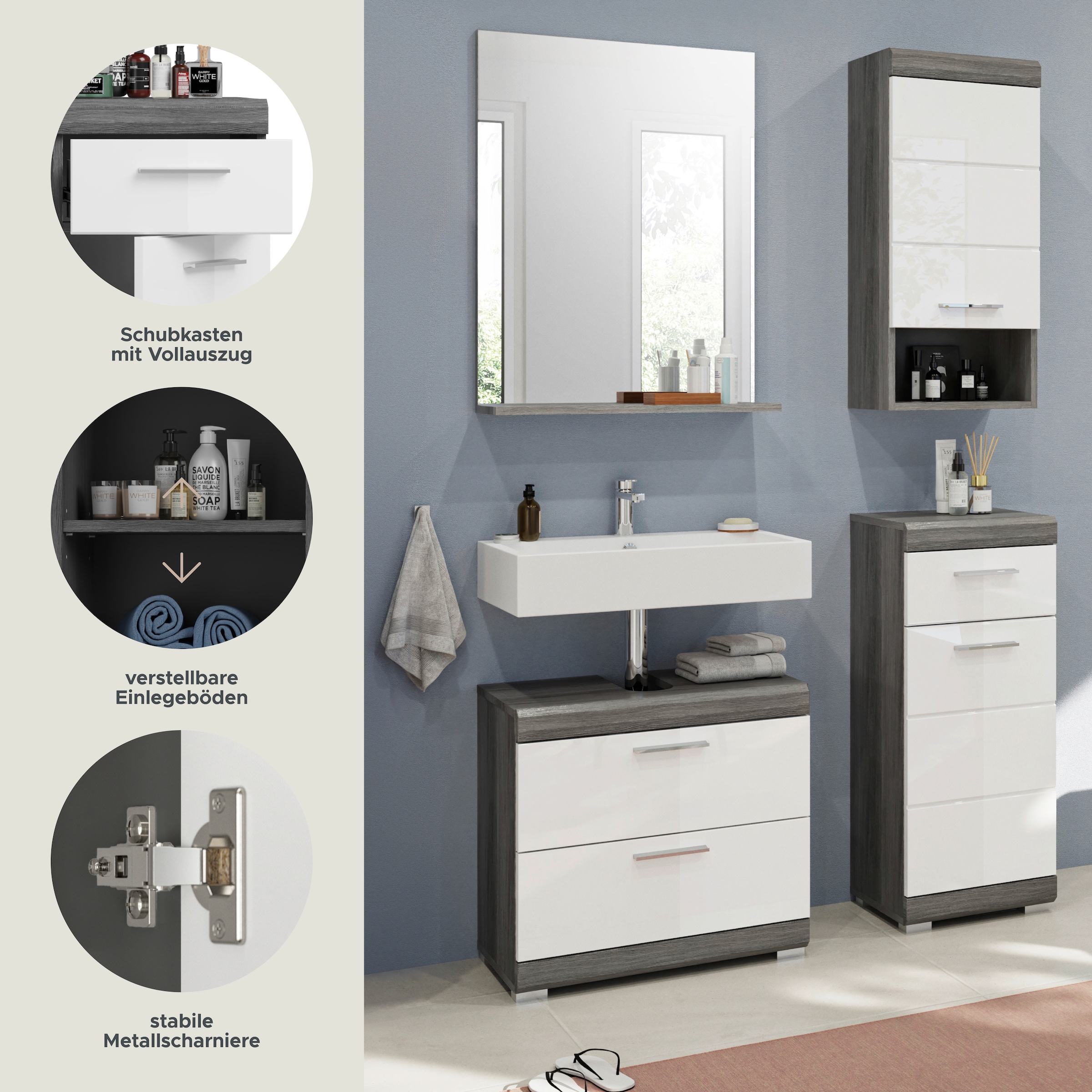 INOSIGN Badmöbel-Set »Siena, 4 teilig, bestehend aus:«, (Set, 3 St.), Waschbeckenunterschrank, Spiegel, Unterschrank, Hängeschrank
