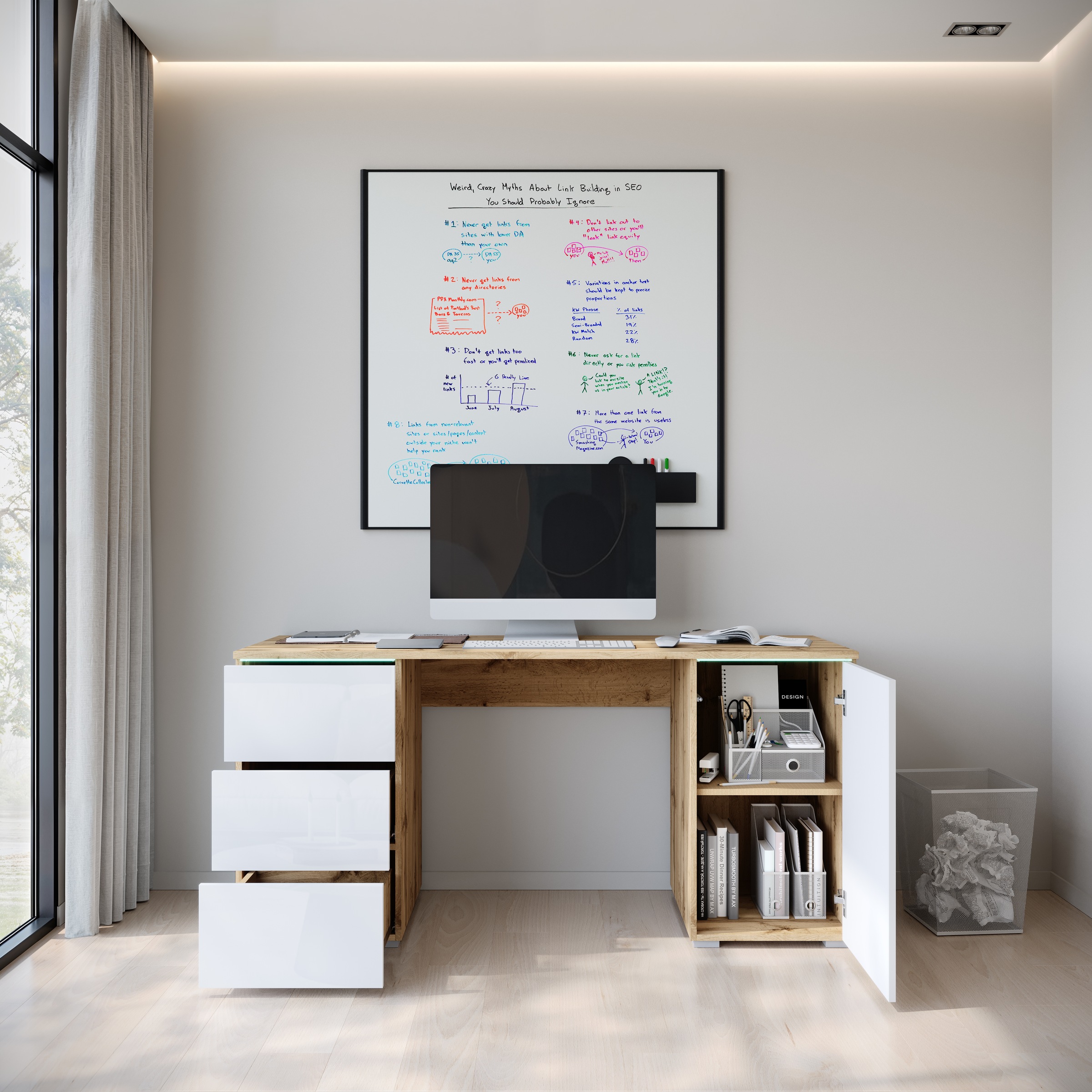 INOSIGN Schreibtisch »Vera«, (1 St.), Bürotisch mit LED, Push-to-Open, 3 Schubladen & Stauraum