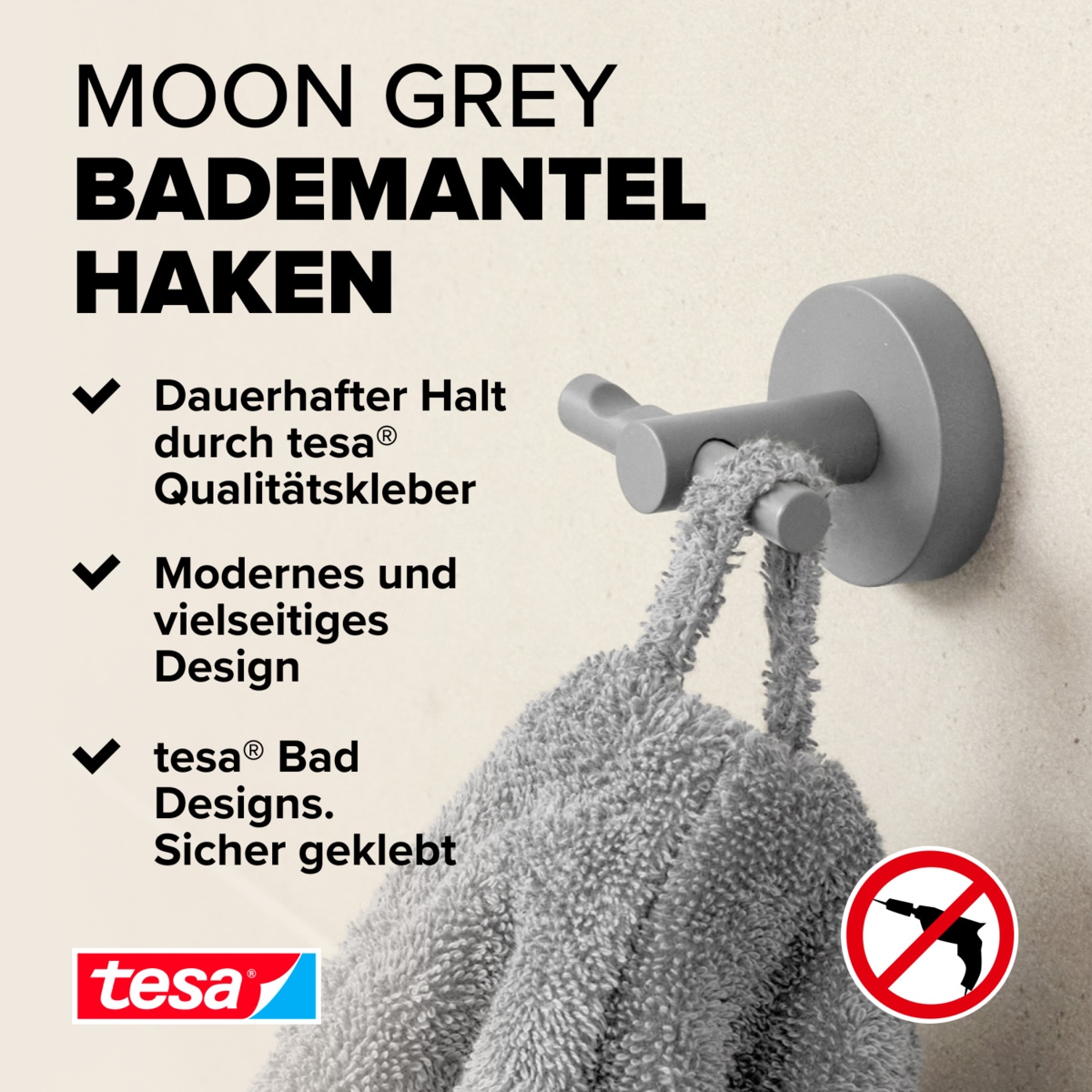 tesa Klebehaken »MOON Bademantelhaken ohne Bohren - 7,2 x 6,5 x 5,3 cm« selbstklebende Handtuchhalterung - grau