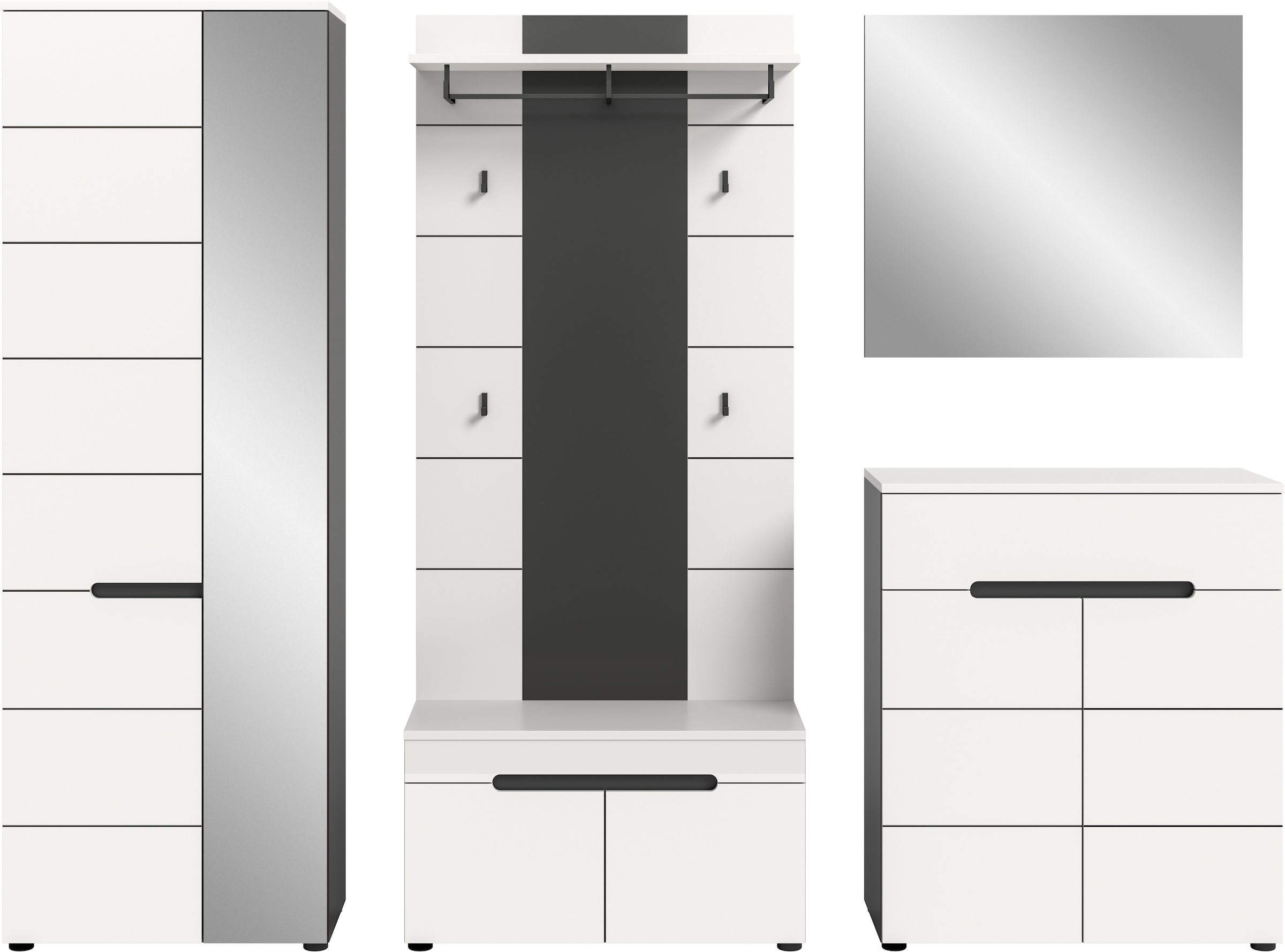 INOSIGN Garderoben-Set, (Set, 5 St., bestehend aus: Garderobenschrank, Sitzbank, Paneel, Spiegel, Kommode), Garderobenkombination, Kombination, Set, Flurgarderobe, Diele