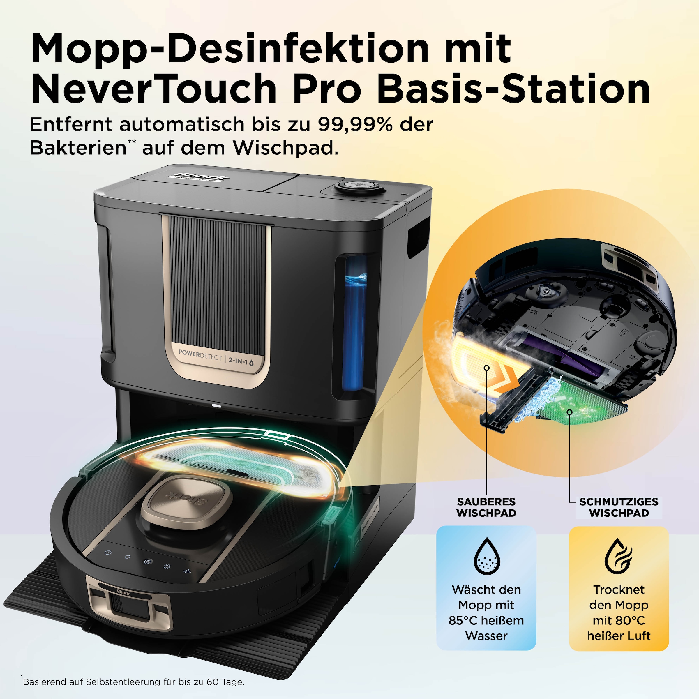 Shark Saugroboter »Shark ThermaCharged PowerDetect Nass- und Trocken-Saugroboter« beheizte Basisstation verwendet 85°C heißes Wasser und 80°C warme Luft