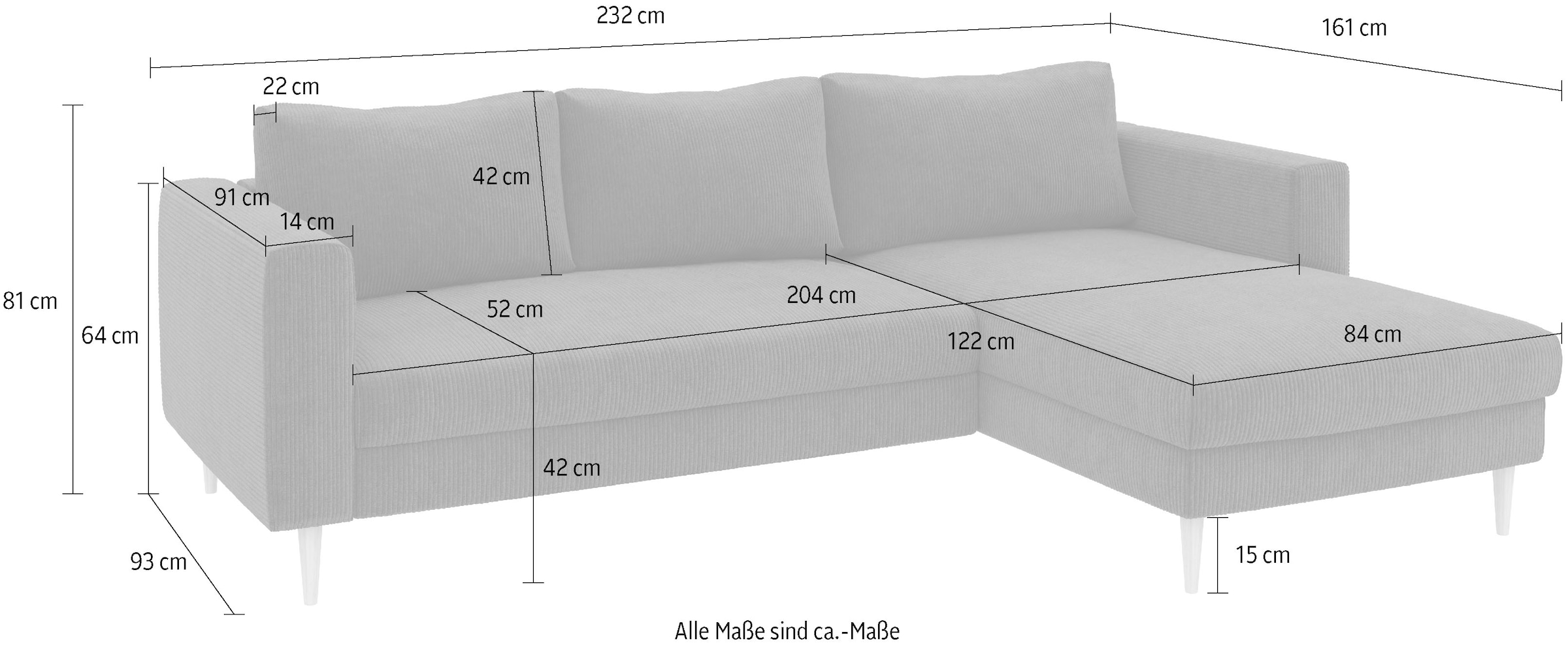 TRENDMANUFAKTUR Ecksofa »Amazing, wahlw. mit Schlaffunktion & Bettkasten, Fuß Buche lackiert« Recamiere beidseitig montierbar, L-Form,in Cord o. Struktur, B: 232 cm