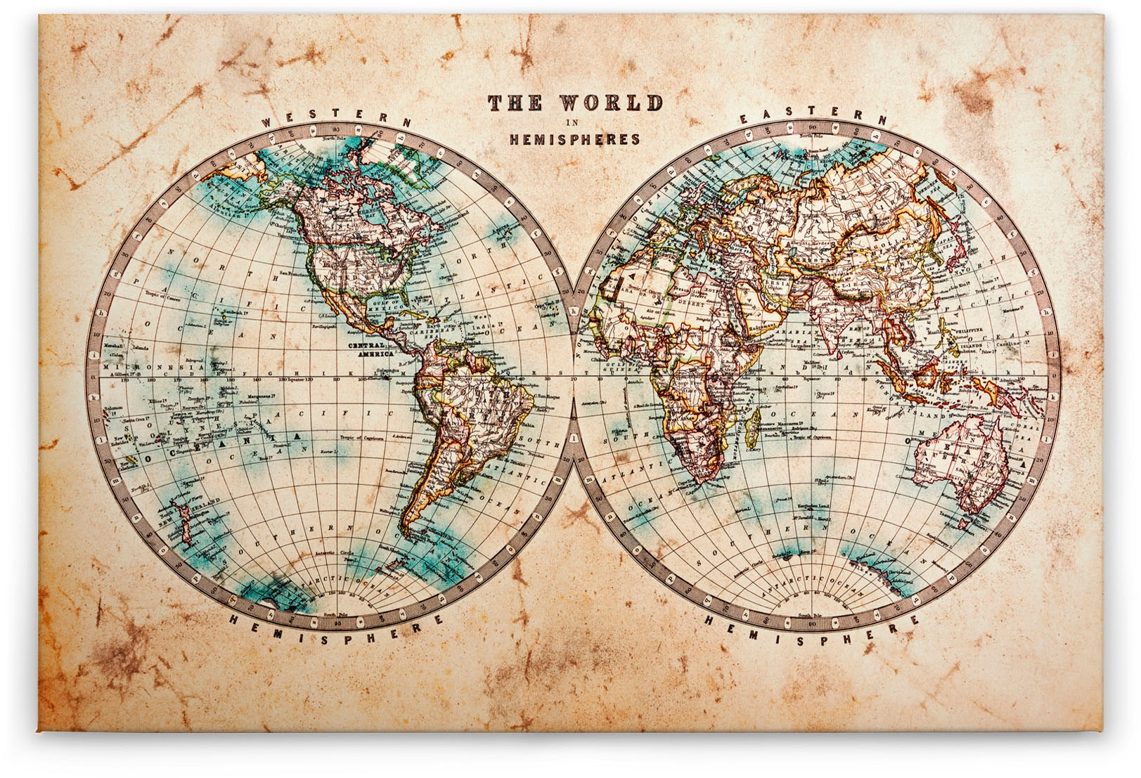 A.S. Création Leinwandbild »Hemispheres«, Kunst-Weltkarte-Kinder, (1 St.), Atlas Weltkarte Antik Vintage Keilrahmen Leinwand-Bild Wohnzimmer Wand
