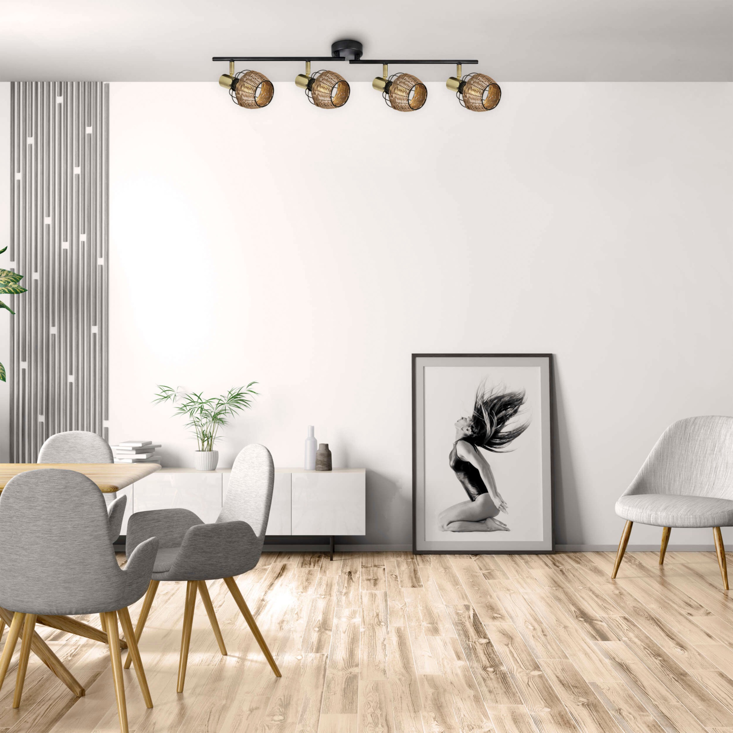 näve Deckenspots »Corbis« E14 1 Stk. 4 Spots excl. E14 max. 40W schwarz/natur/gold Länge 78cm mit Rattan