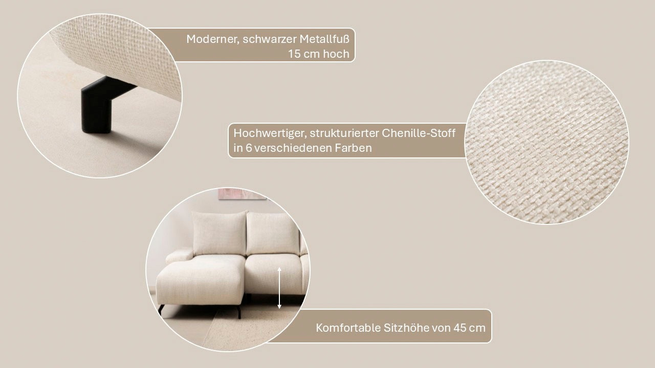 OTTO home Ecksofa »KELLIE, L-Form, 315 cm, verstellbare Armlehne, Metallfüße,« wahlweise Recamiere links o. rechts, Chenille-Stoff, hoher Sitzkomfort