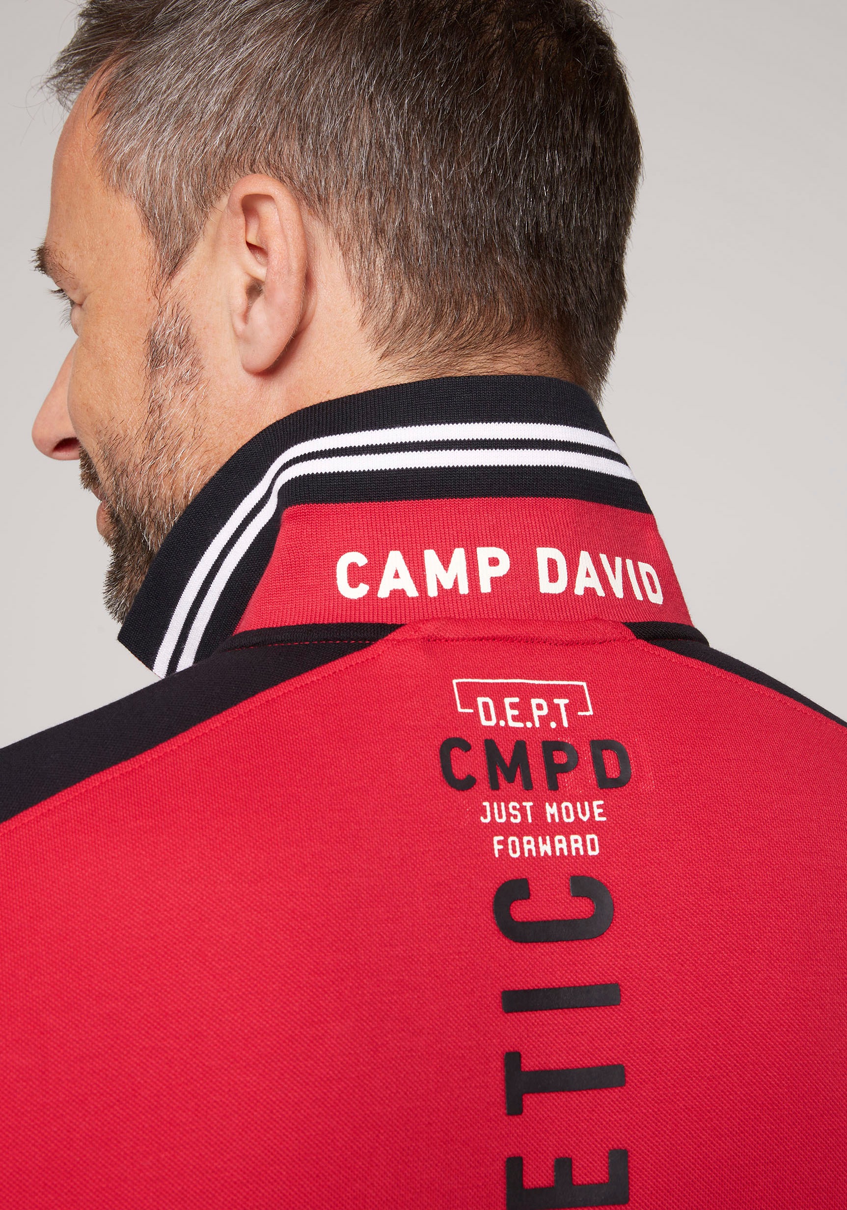 CAMP DAVID Poloshirt, mit online auf Rückseite Prints Ärmeln, Vorder- und bei Rubber