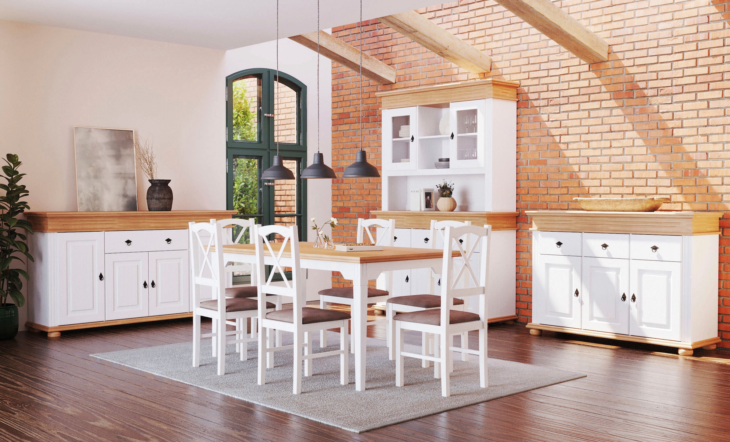 Inter Link Buffet »Halmaro, Kiefer Massivholz, Weiss/Grau-Lava, 141 x 46,30 x 213 cm« 1 Stk. tlg. Vitrine im Laudhausstil, Küchenschrank mit Glastüren, viel Stauraum