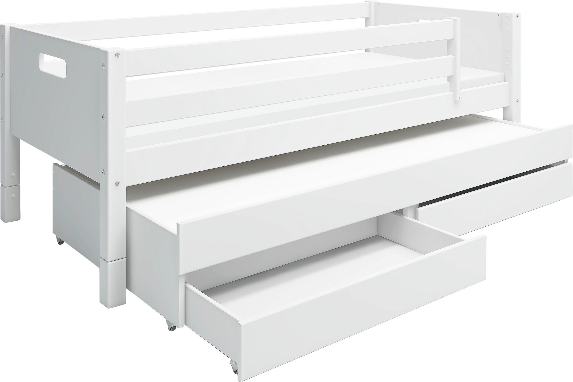 Einzelbett, Nordic produziert bei Flexa, incl Rollrost, weiß + weiß + weiß Hintere Absturzsicherung in Kiefer-Absturzsicherung vorne in Kiefer-Ausziehbett mit 2 Schubladen