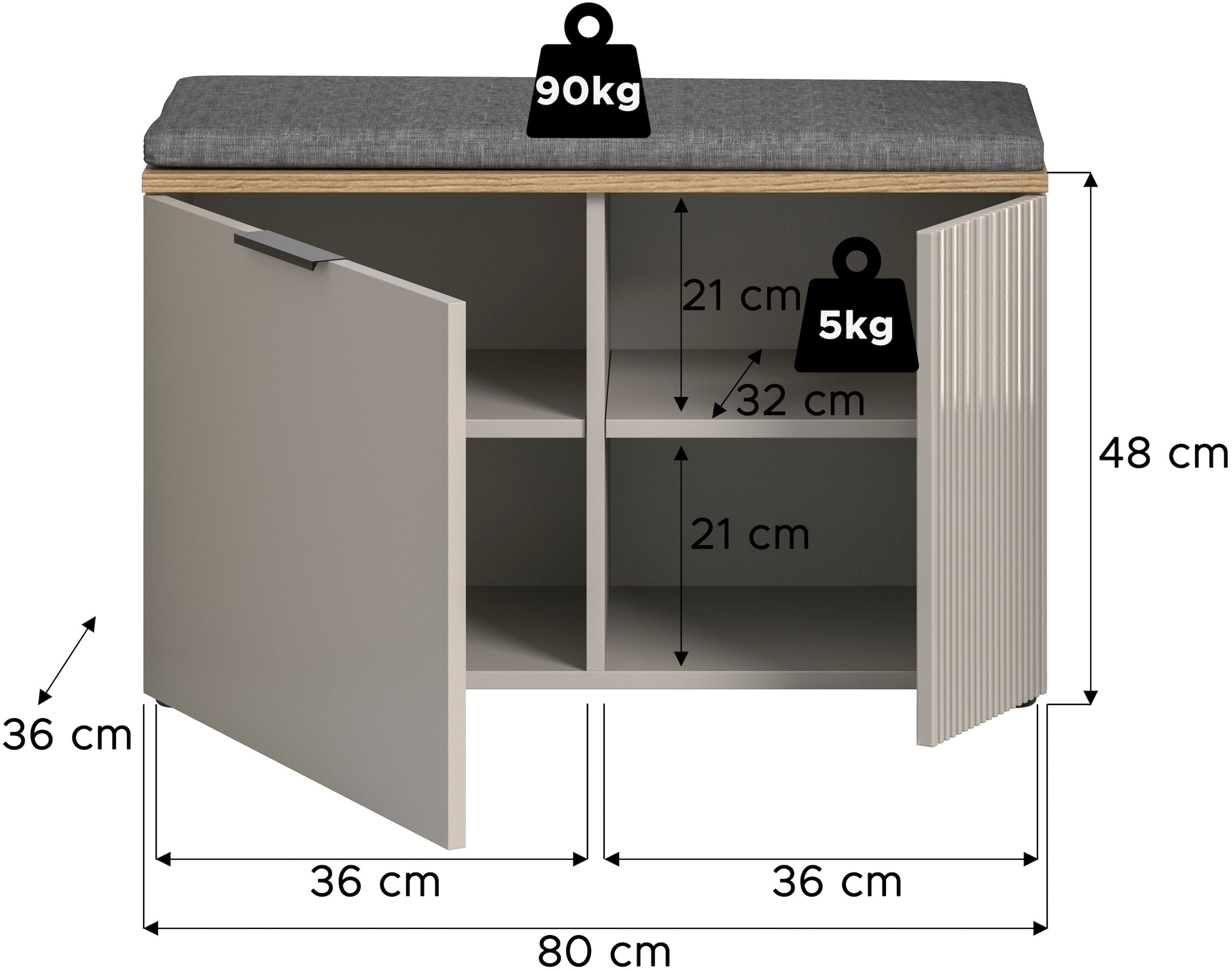 INOSIGN Sitzbank »EDIL, Breite 80cm, 2 Türen, 4 Fächer, inkl. Sitzkissen« moderne Farbkombination, Platz für ca. 6 Paar Schuhe, 2 Stk. tlg. Garderobenbank, Bank, Flurbank, Schuhbank, Dielenbank