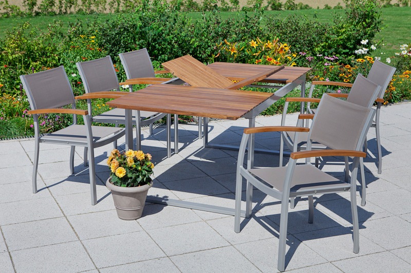 MERXX Garten-Essgruppe »Naxos« 6x Stapelsessel, 1x Ausziehtisch 150(200)x90 günstig online kaufen