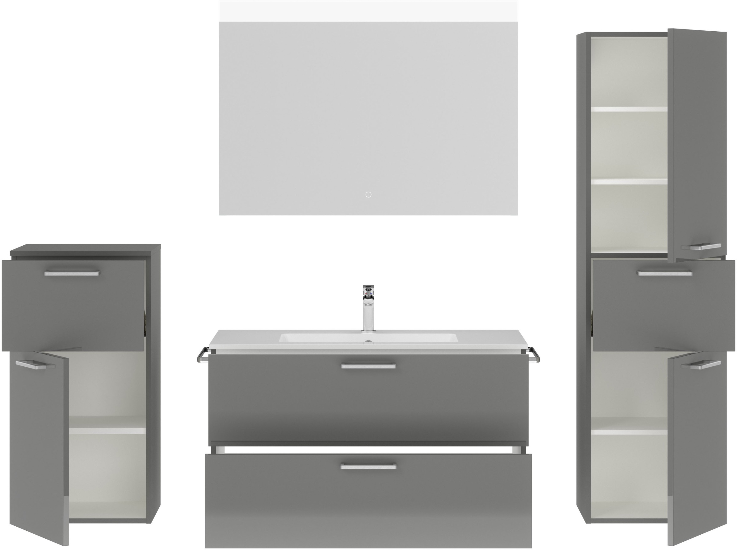 nobilia® Badmöbel-Set »Tolvina«, (4 St., vormontiert, mit Soft-Close), Hochglanz, inkl. Spiegel mit Touch-Sensor, in vier Breiten