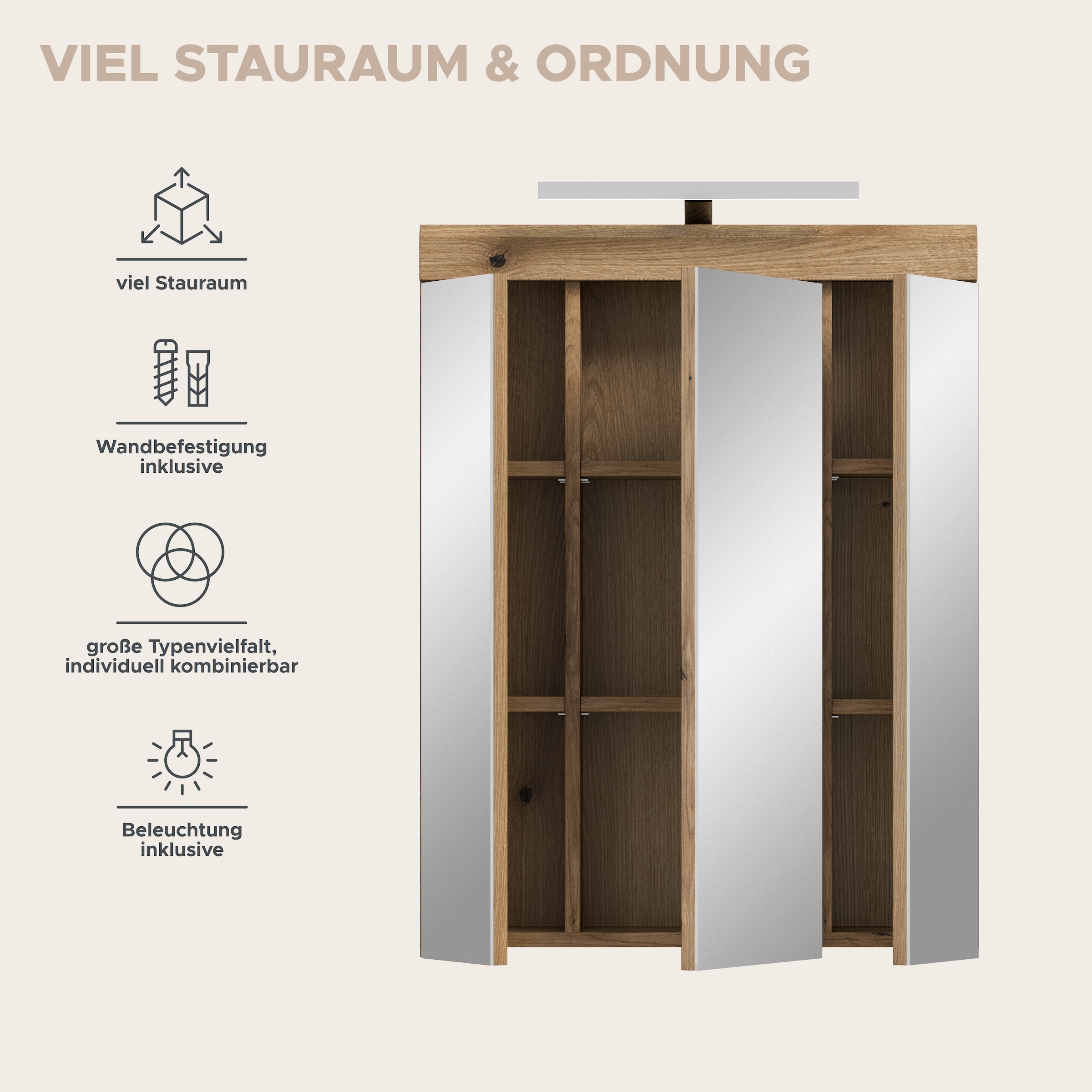 welltime Badezimmerspiegelschrank »SIENA, Breite 60cm, inkl. Beleuchtung, 3 Spiegeltüren, 9 Fächer« Set, TOPSELLER!,  in verschiedenen Farben erhältlich, Badmöbel, Badschrank, Schrank, Bad