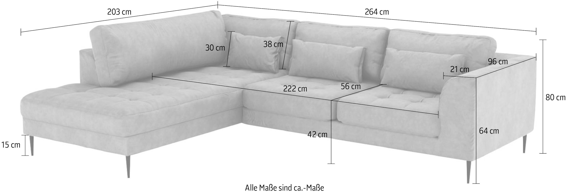 TRENDMANUFAKTUR Ecksofa »Luzi, wahlweise mit Schlaffunktion und Bettkasten, gemütlich, L-Form«, Designsofa mit Ottomane, Metallfüße schwarz, Breite 264 cm
