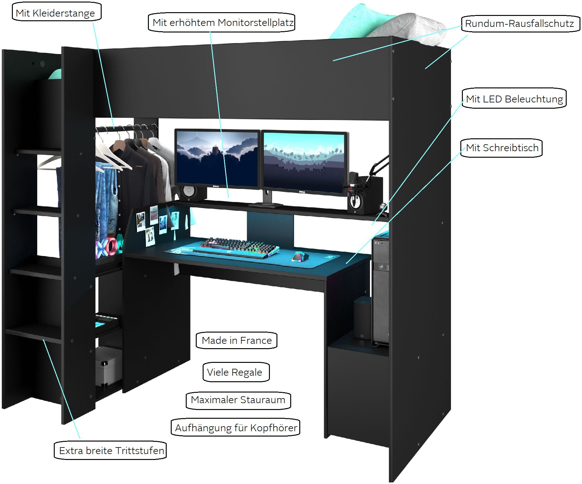 INOSIGN Gamerbett »Meddox, NEU! OTTOs Choice, Hochbett, Jugendbett, LED, Schreibtisch«, (Gesamtaußenmaße B/T/H 203,7/94,4/180 cm), Kleiderstange, viel Stauraum, ideal für kleine Räume, ALL-IN-ONE Bett