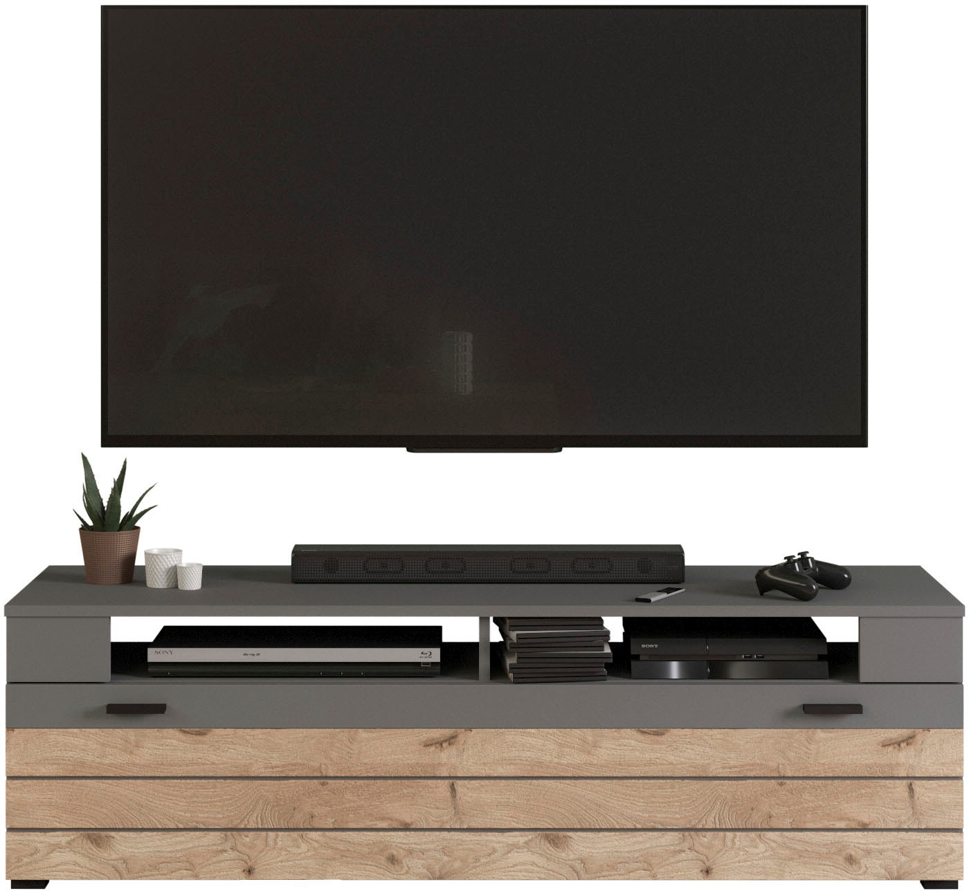 INOSIGN Wohnwand »Aalborg, Breite 350cm, 2-farbig,Metallgriffe, 4-teilig, bestehend aus:«, (4 St.), 1x Vitrine, 1x Lowboard, 1x Wandboard und 1x Highboard