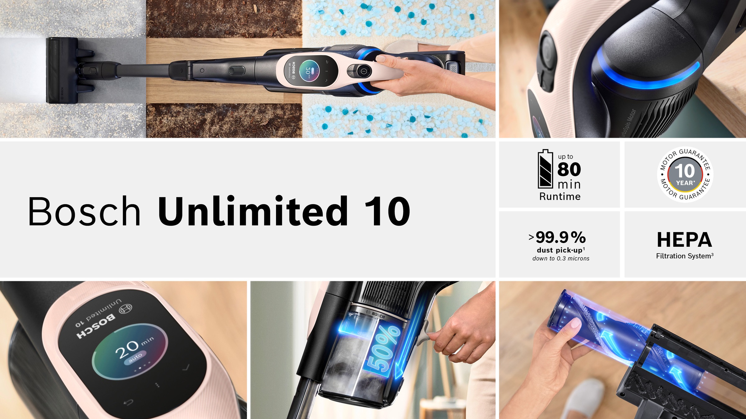 BOSCH Akku-Stielstaubsauger »Unlimited 10 BKS1041RHF, MicroClean™ Technology, Display, Knickrohr«, HEPA-Filtersystem, 10 Jahre Motorgarantie, LED-Licht, powder rose
