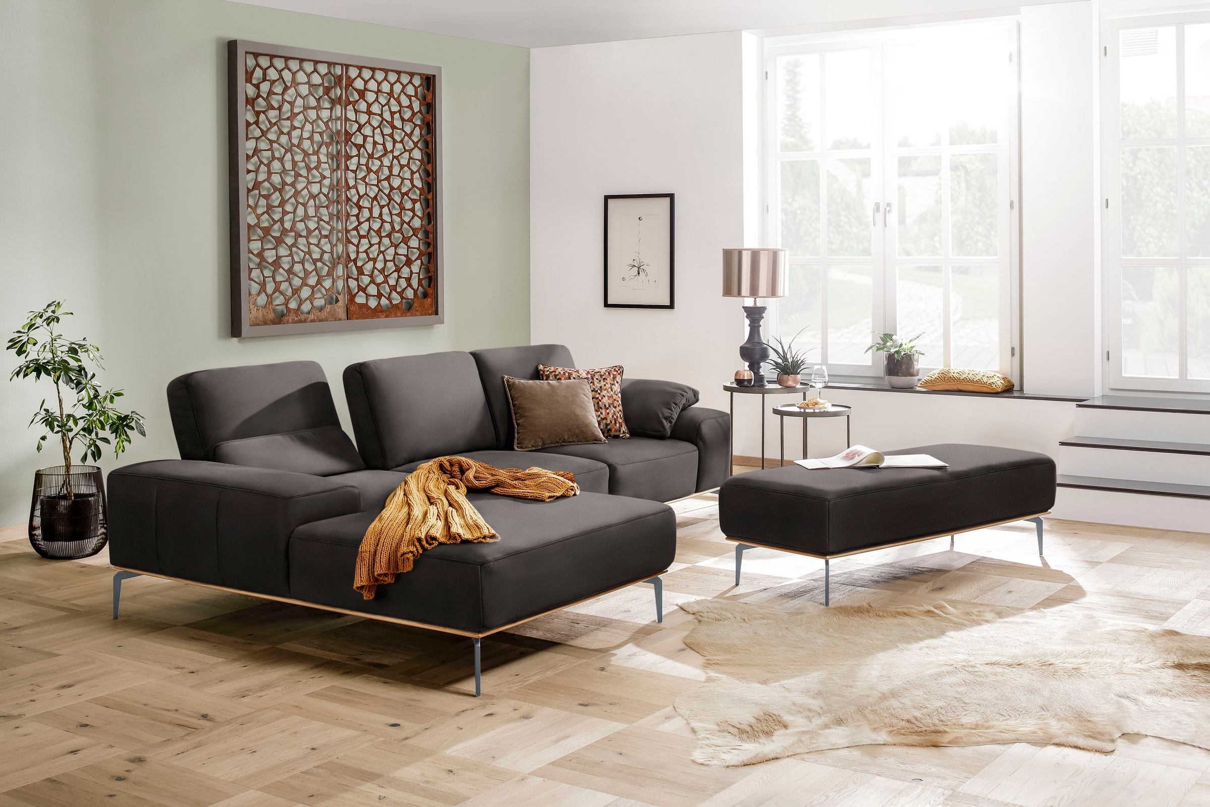 W.SCHILLIG Polsterhocker »run«, mit elegantem Holzsockel, Füße in Silber matt, Breite 150 cm