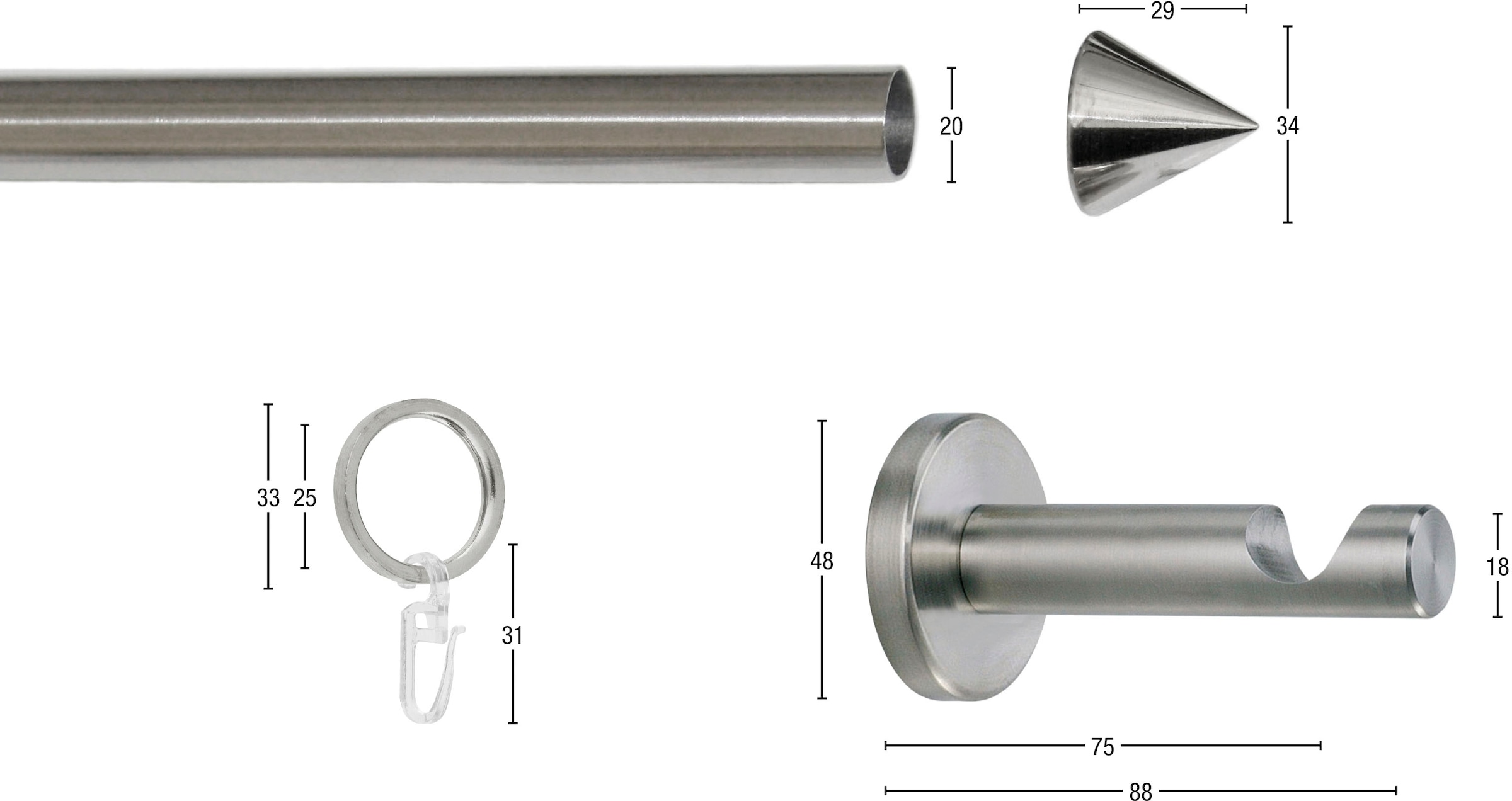 GARESA Gardinenstange »PALMA«, 1 läufig-läufig, Wunschmaßlänge, Vorhanggarnitur, verlängerbar, Wandmontage, Edelstahl optik, mit Ringe
