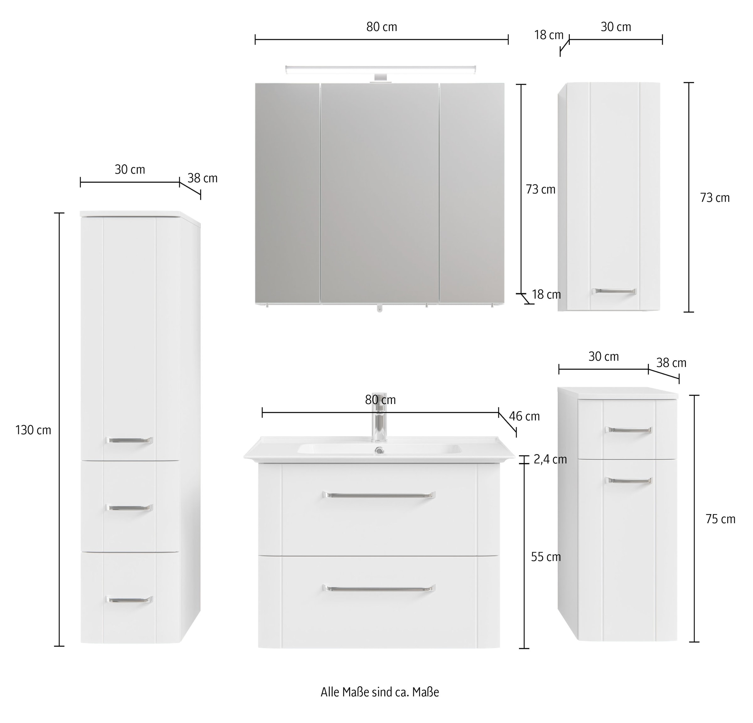 Saphir Badmöbel-Set »Badmöbel-Set Serie 3006 5-teilig Keramik-Waschtisch mit Spiegelschrank«, (6 St.), Badezimmer-Set mit Unterschrank, Hängeschrank, Midischrank, Türdämpfer