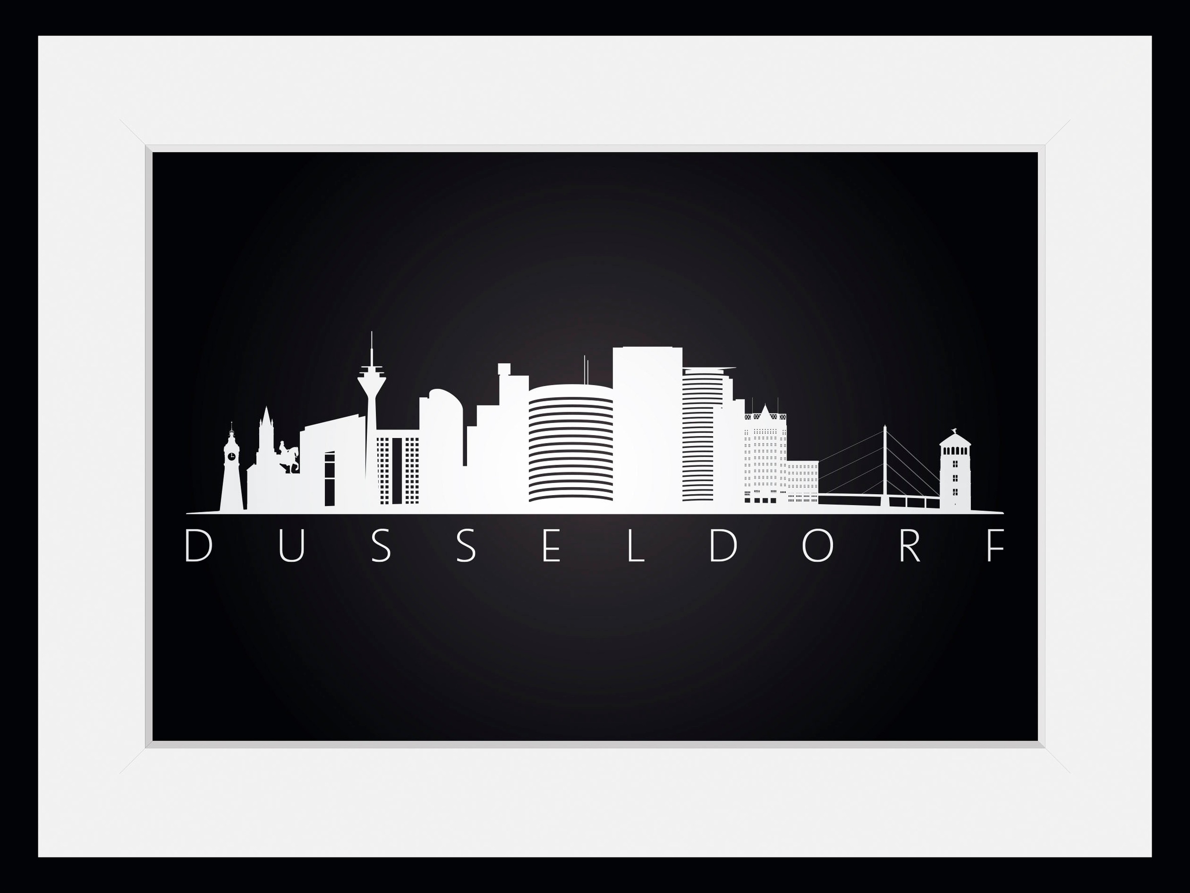 queence Bild »Düsseldorf Sehenswürdigkeiten«, Städte-Stadt-Deutschland-Gebäude-Schriftzug-Düsseldorf-Schwarz-Weiß, (1 St.), HD Premium Poster-Druck inkl. Holzrahmen