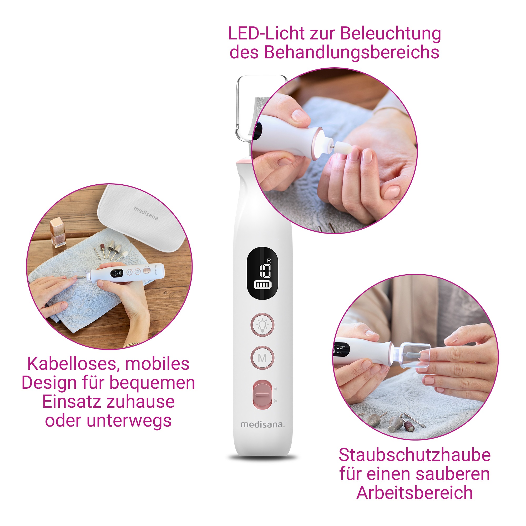 Medisana Maniküre-Pediküre-Set »MP 940«, (10 tlg.), 10 Aufsätze, für Nägel, Nagelhaut und Hornhaut, beleuchtet, aufladbar
