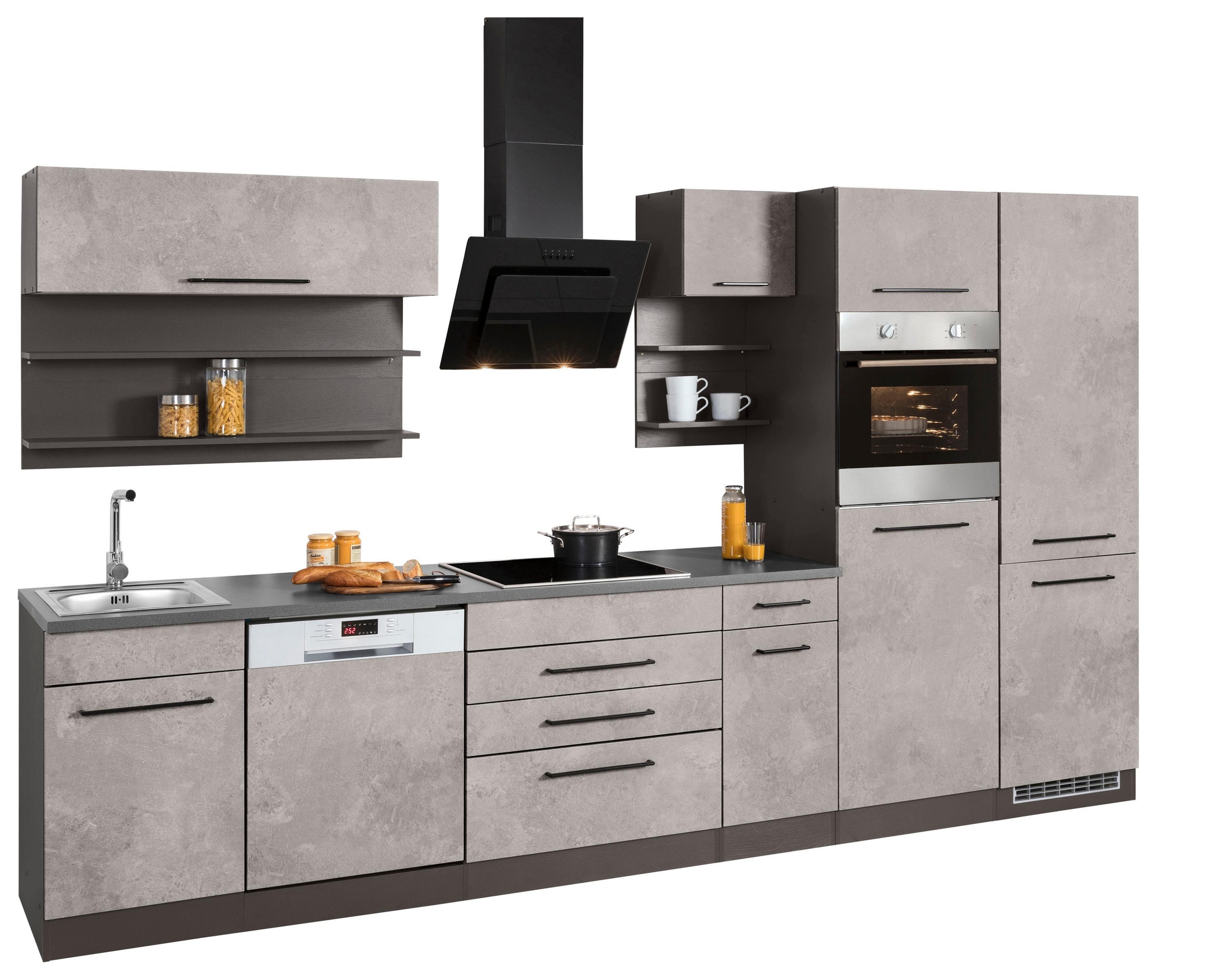 KOCHSTATION Küchenzeile »KS-Tulsa«, mit E-Geräten, Breite 350 cm, schwarze Metallgriffe, MDF Fronten