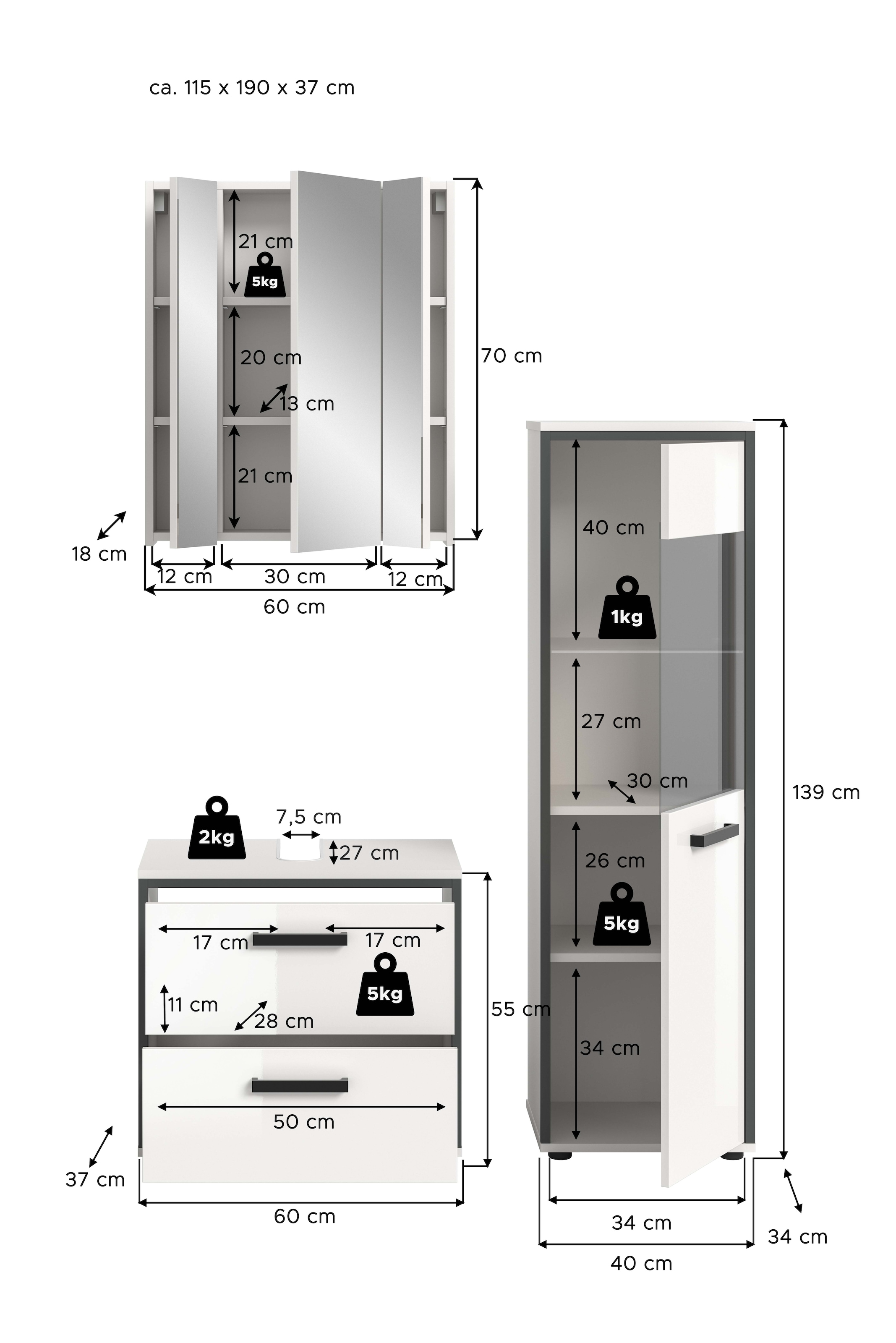 welltime Badmöbel-Set »KAJO, 3-tlg. Badkombination, weiß hochglanz« Set, Set, best. aus:1 Midischrank,1Spiegelschrank,1Waschbeckenunterschrank, 3 Stk. tlg.