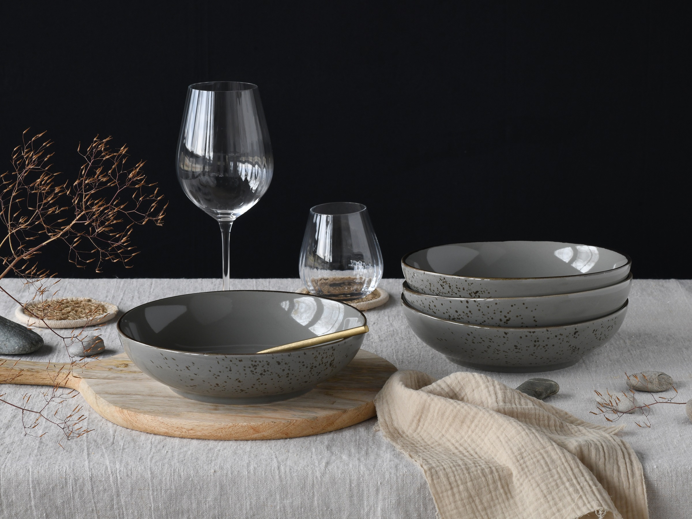 CreaTable Schale »Nature Collection, Poke Bowl, Ø 22,5 cm, 4-tlg«, 4 tlg., aus Steinzeug, Handwerklicher Look, Vintage, Höhe 6 cm
