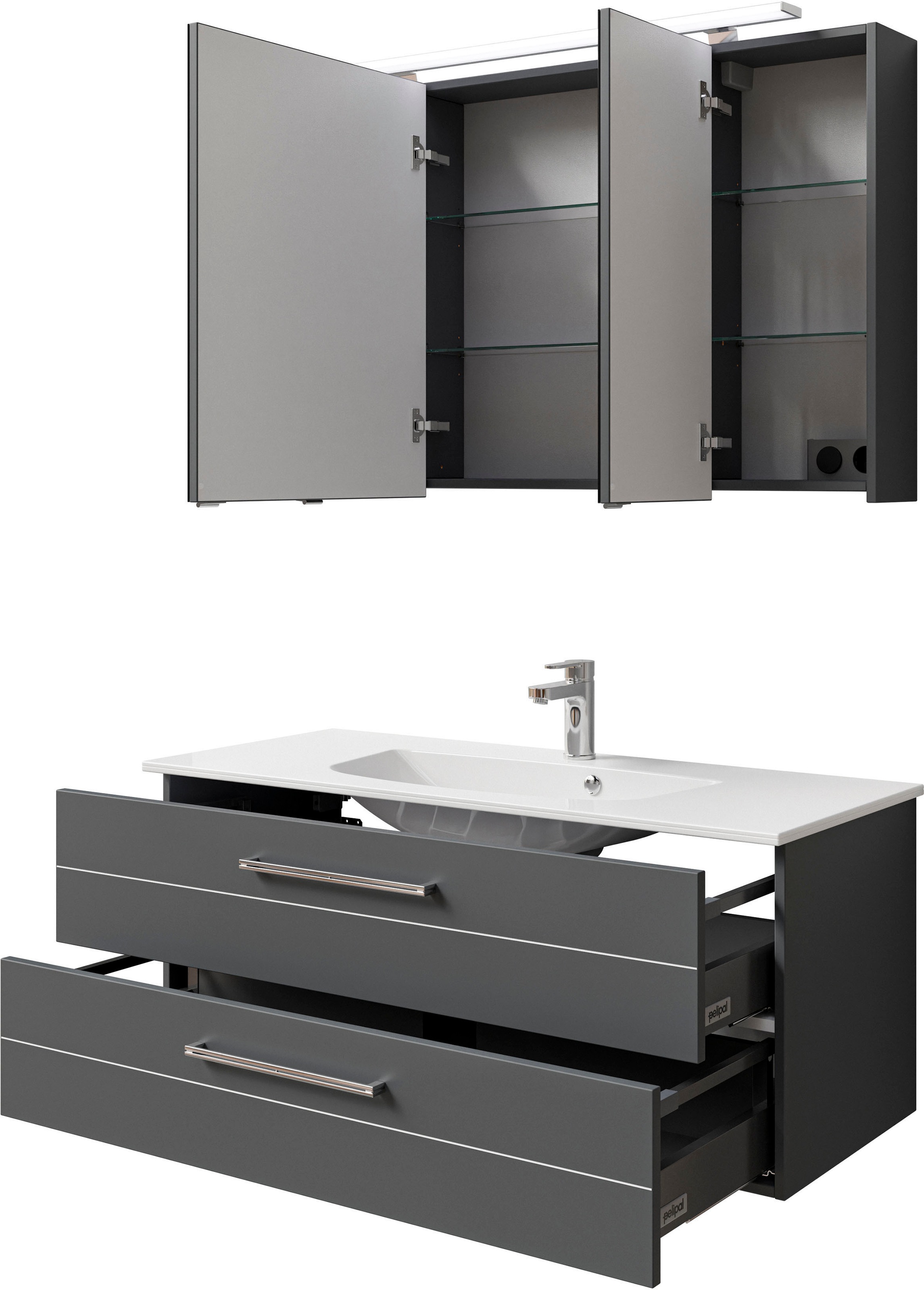 Saphir Badmöbel-Set »Serie 6025 2-teilig Mineralmarmor-Waschtisch mit LED-Spiegelschrank«, (2 St.), Waschplatz 117cm breit, 2 Schubladen, 3 Spiegel-Türen, inkl Türdämpfer