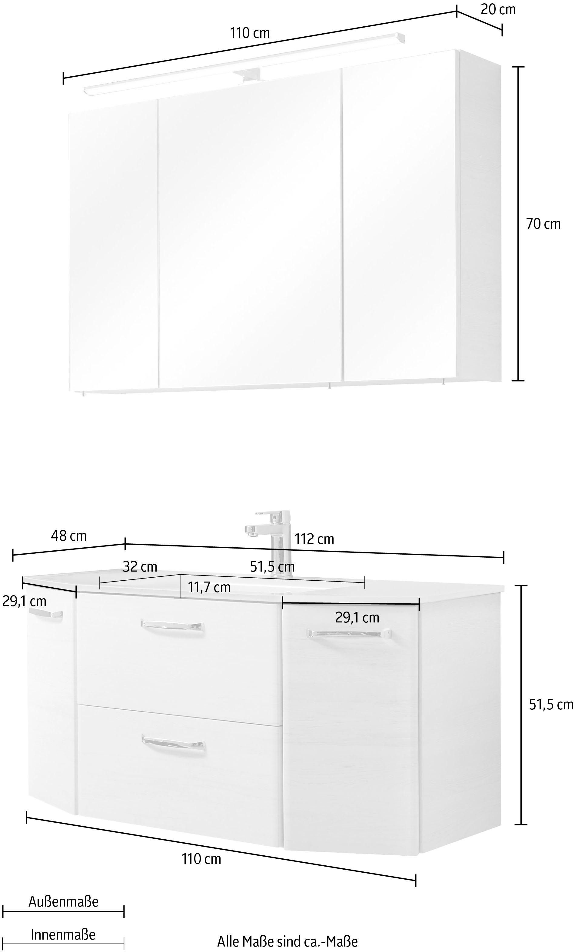 Saphir Badmöbel-Set »Quickset 2-teilig, Glas-Waschtisch mit LED-Spiegelschrank, 5 Türen«, (Set, 2 St.), Unterschrank mit Waschbecken, inkl. Türdämpfer, Griffe Chrom Glanz