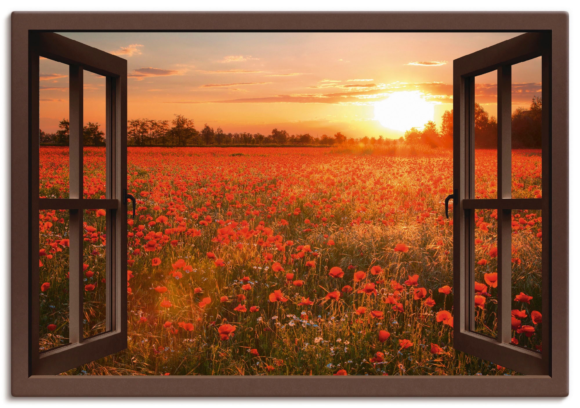 Artland Leinwandbild »Fensterblick Mohnblumenfeld - braun«, Blumen, (1 St.) günstig online kaufen