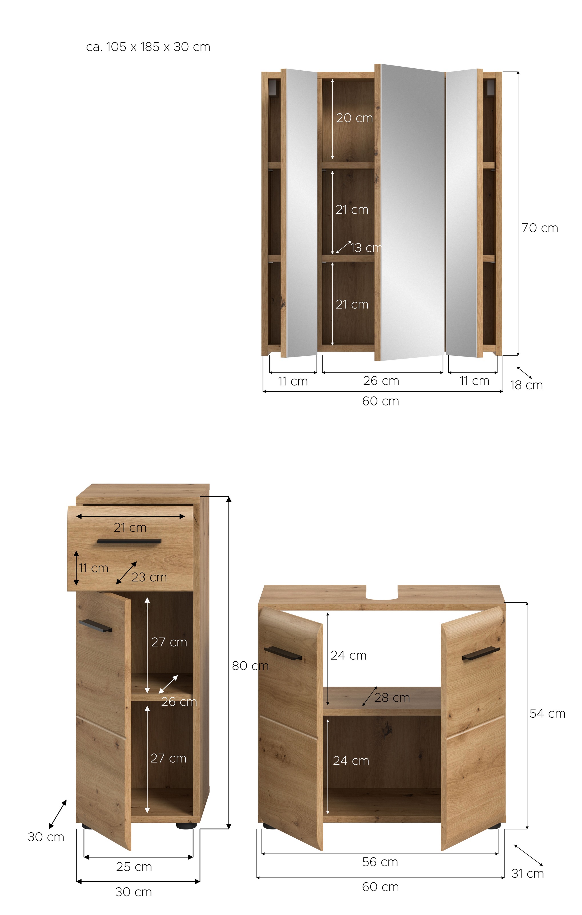 INOSIGN Badmöbel-Set »FLORENZ, TOPSELLER!, 3-teilige Badkombination, hochwertige MDF-Front«, (Set, 3 St., best. aus: 1 Unterschrank, 1 Waschbeckenunterschrank, 1 Spiegelschrank), Florenz, Badkombination 3-tlg. Artisan Oak NB, WBU, Spiegelschrank